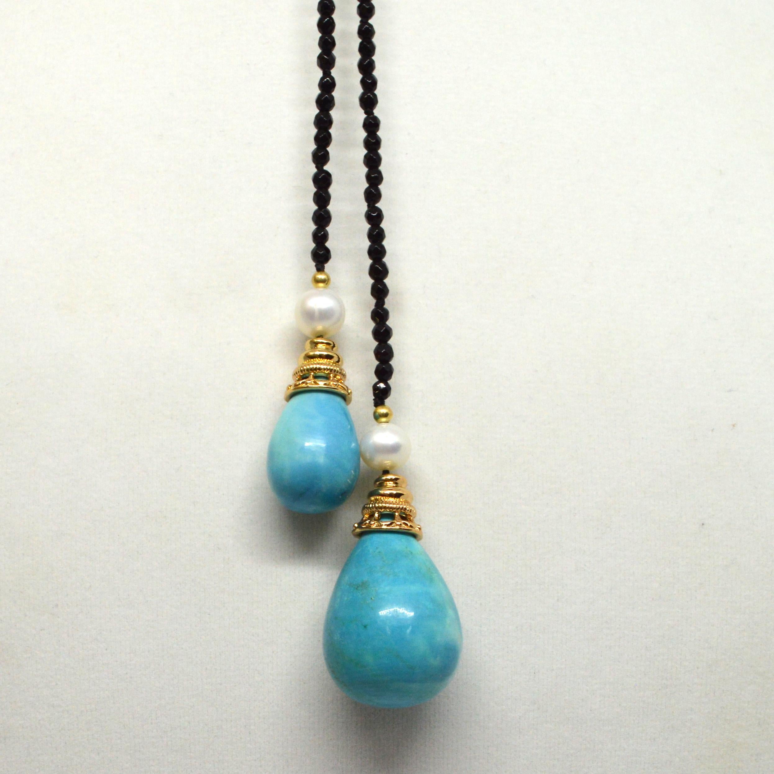 Decadent Jewels Turquoise Onyx Pearl Gold Lariet Necklace In New Condition For Sale In Sydney, AU