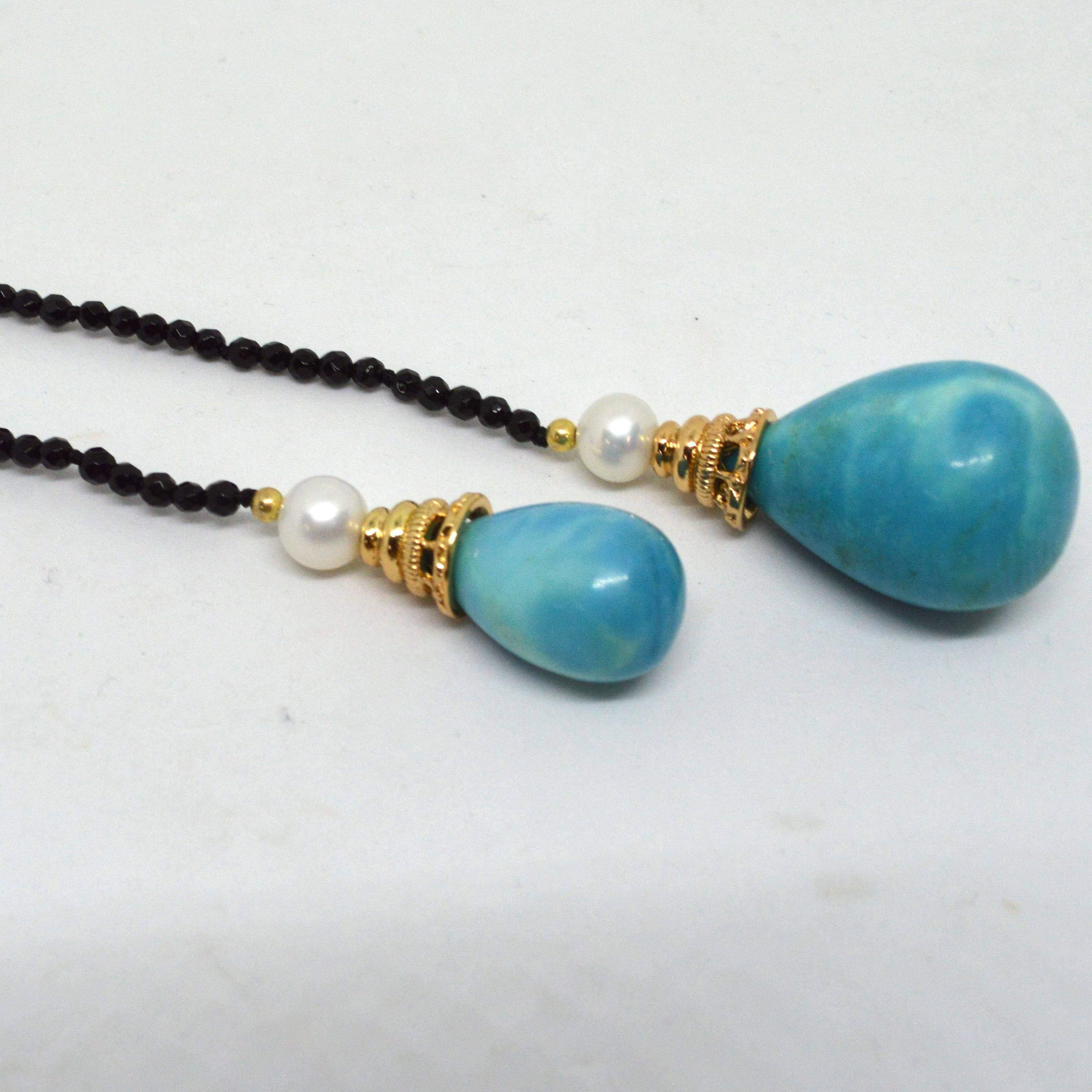 Women's Decadent Jewels Turquoise Onyx Pearl Gold Lariet Necklace For Sale