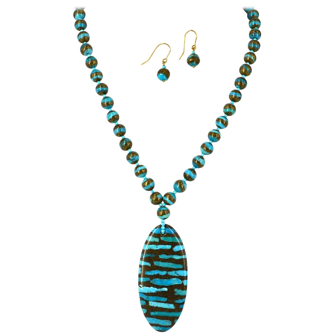 Decadent Jewels Turquoise Pendant Gold Necklace and Earrings Gold For Sale