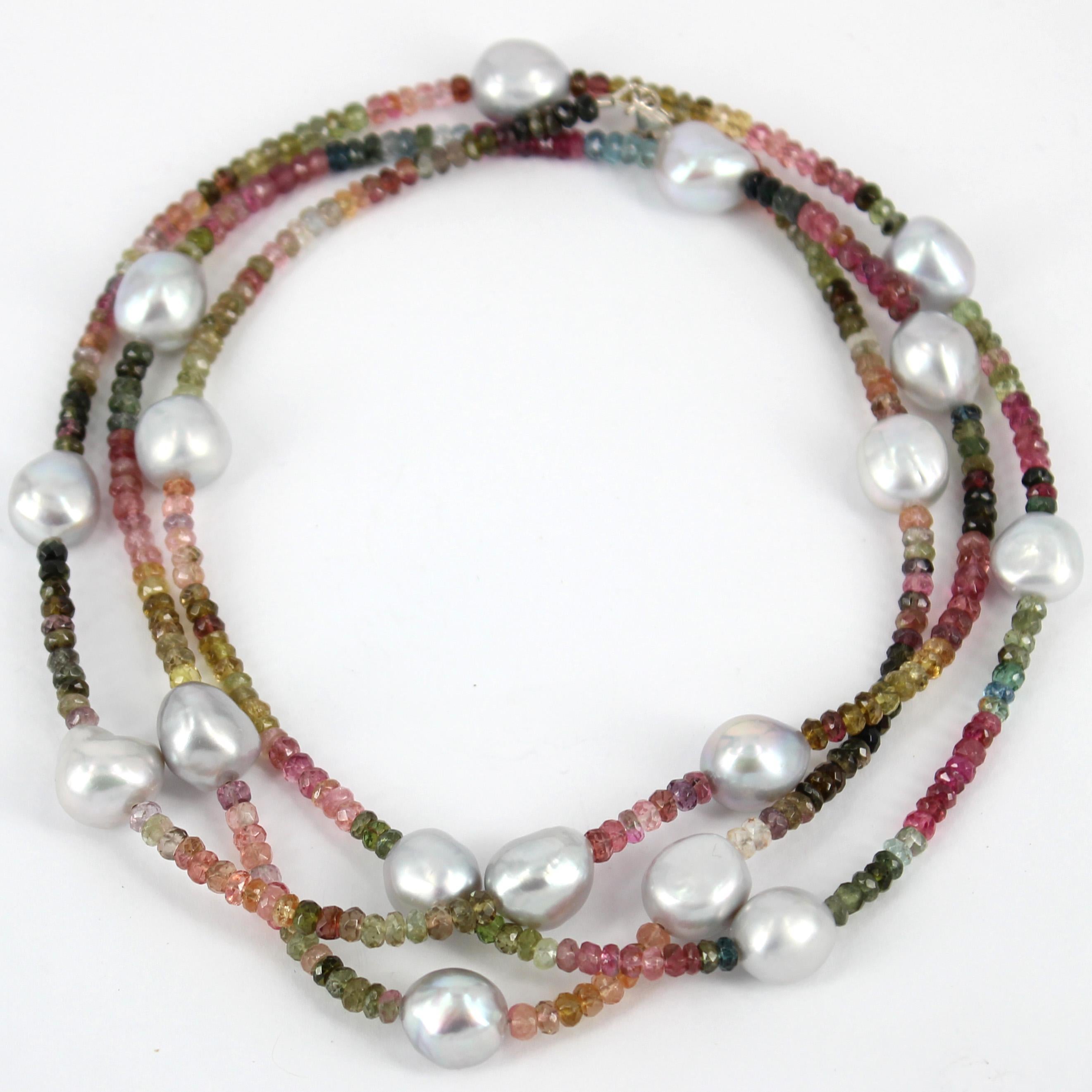 Out in a hurry just throw this simple necklace on and look elegant, you can wear it as a single strand or wrap it around your neck for a double layer effect, this Faceted Tourmaline, is complemented with Lite Grey Fresh Water Pearls, finished with