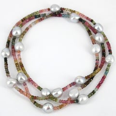 Decadent Jewels Watermelon Tourmaline Grey Fresh Water Pearl Silver Necklace