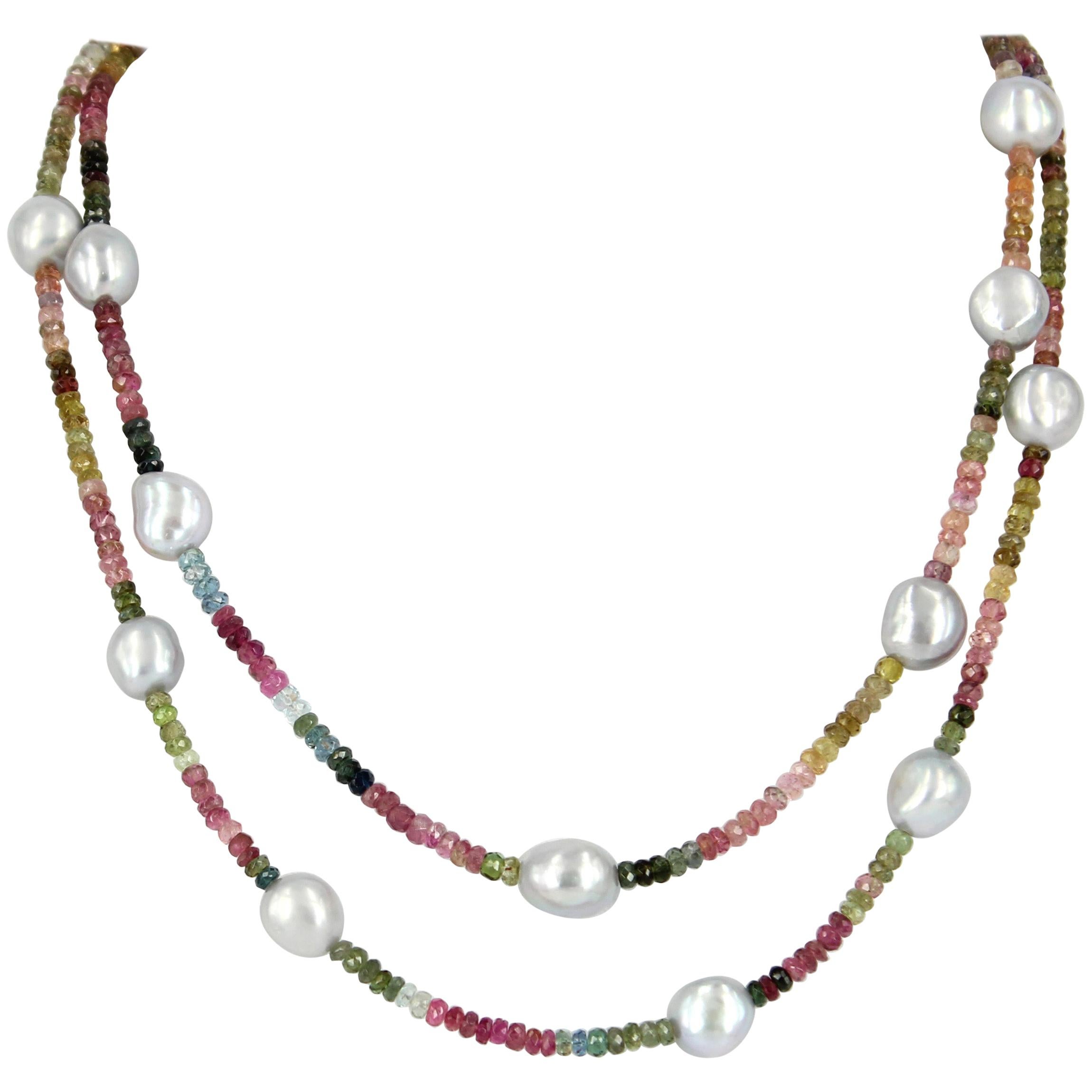 Decadent Jewels Watermelon Tourmaline Grey Fresh Water Pearl Silver Necklace For Sale