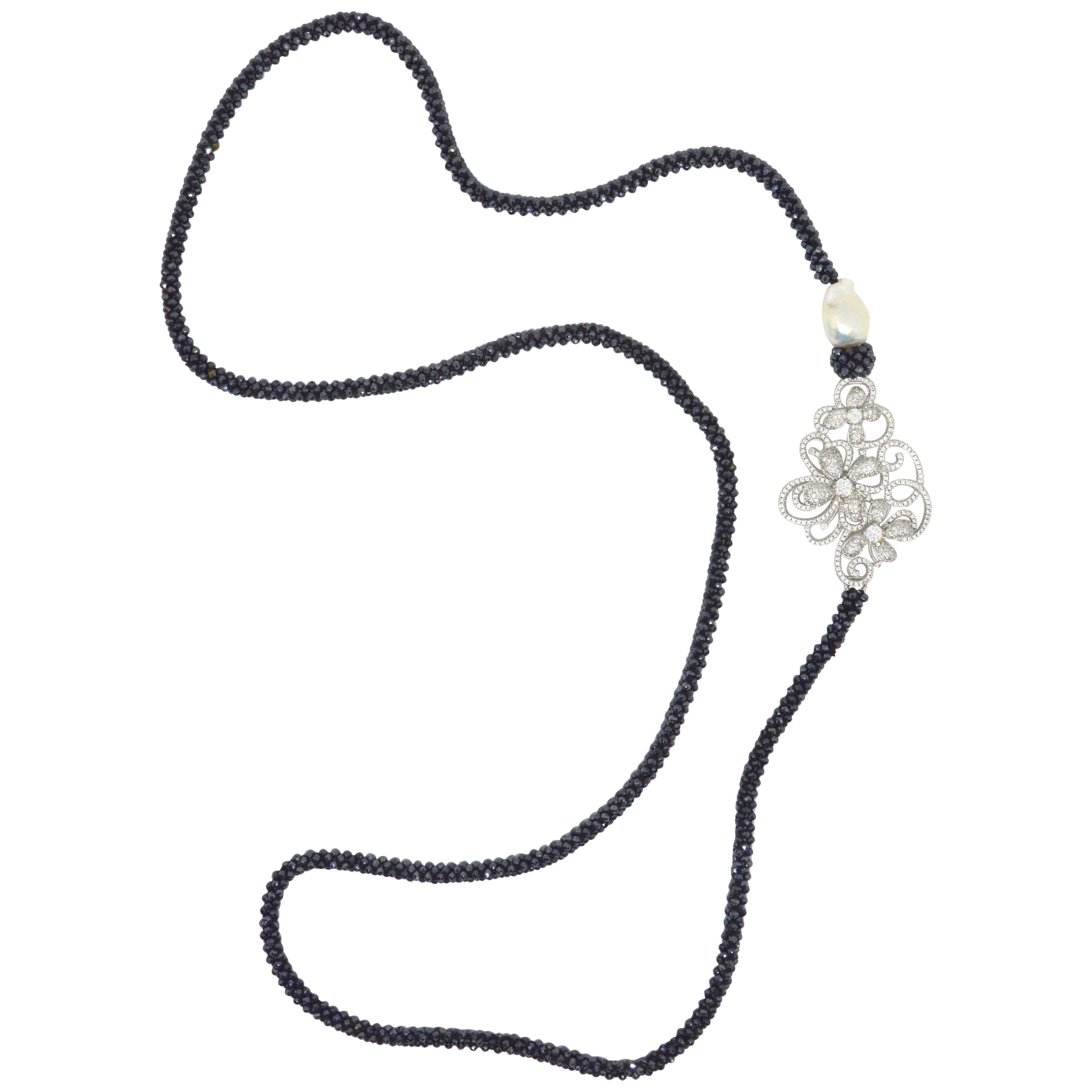 Decadent Jewels Woven Spinel Pearl and Pave Connector Long Necklace For Sale