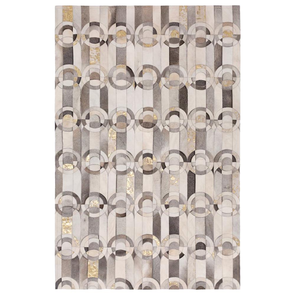 Decadent New Customizable Curvo GRay and Gold Cowhide Area Floor Rug Large For Sale