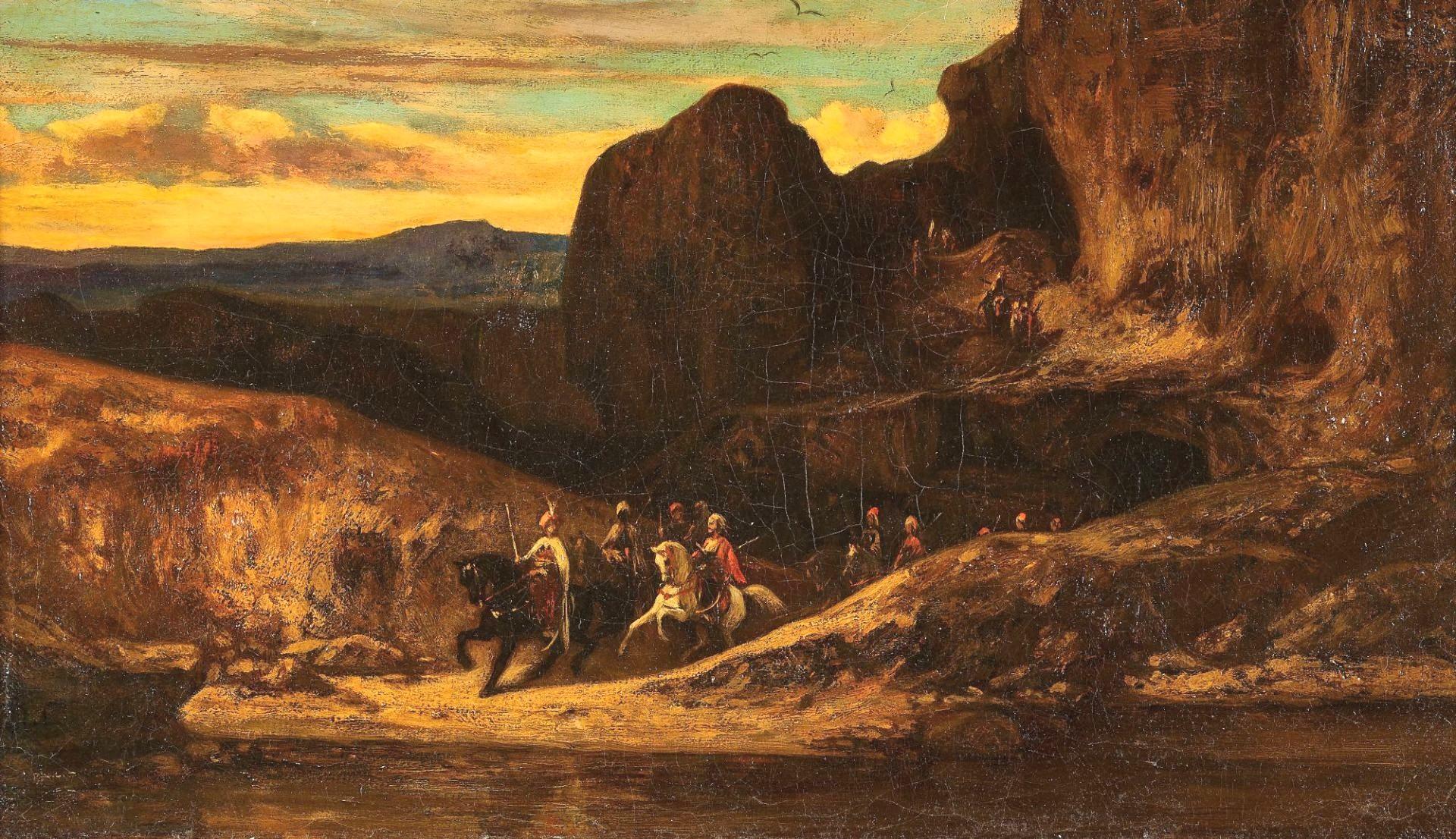 Decamps Gabriel Alexandre Animal Painting - Orientalist cavalry scene Decamps Gabriel - oil on canvas - initials DC