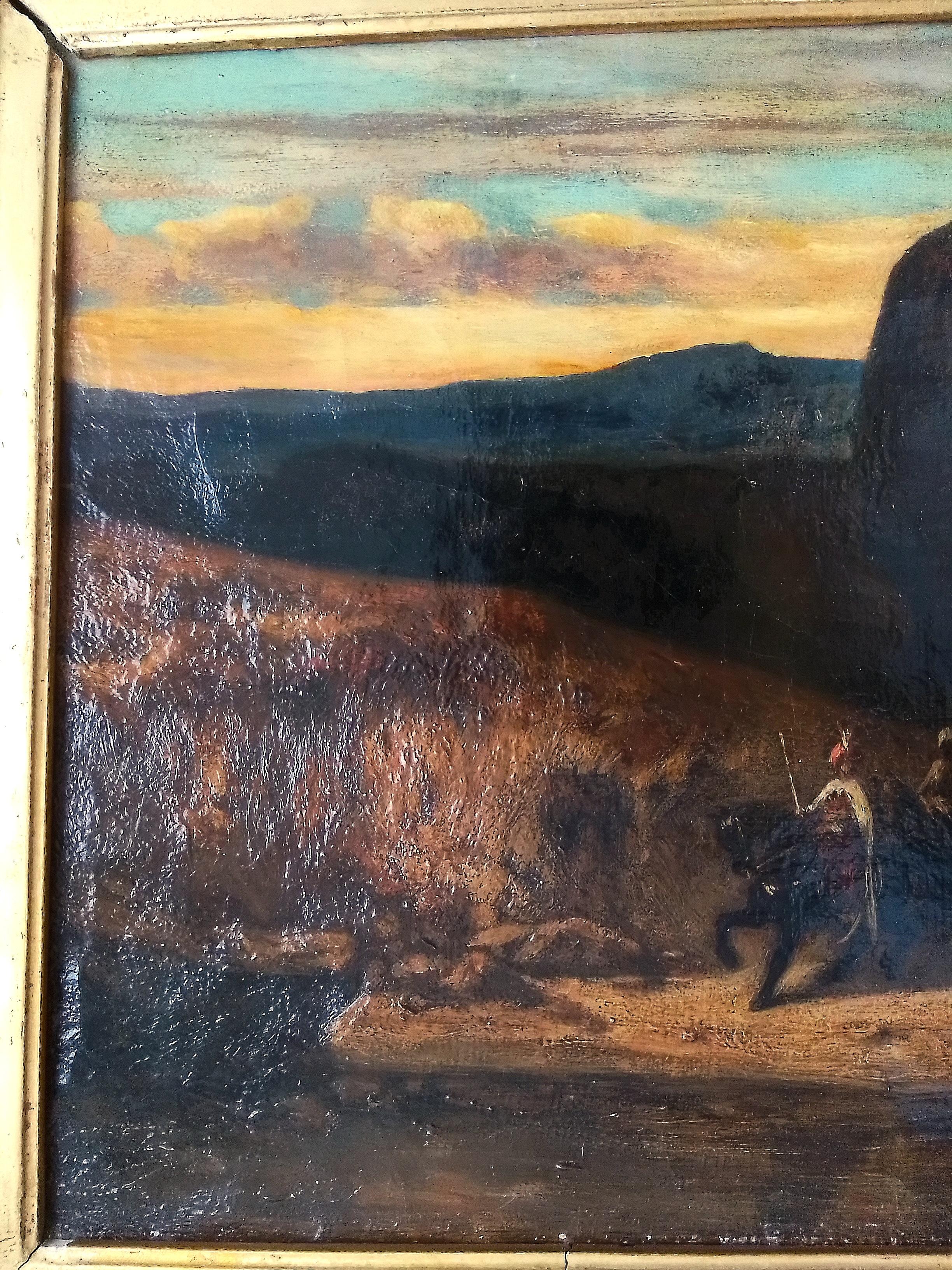 Orientalist cavalry scene Decamps Gabriel - oil on canvas - initials DC - Realist Painting by Decamps Gabriel Alexandre