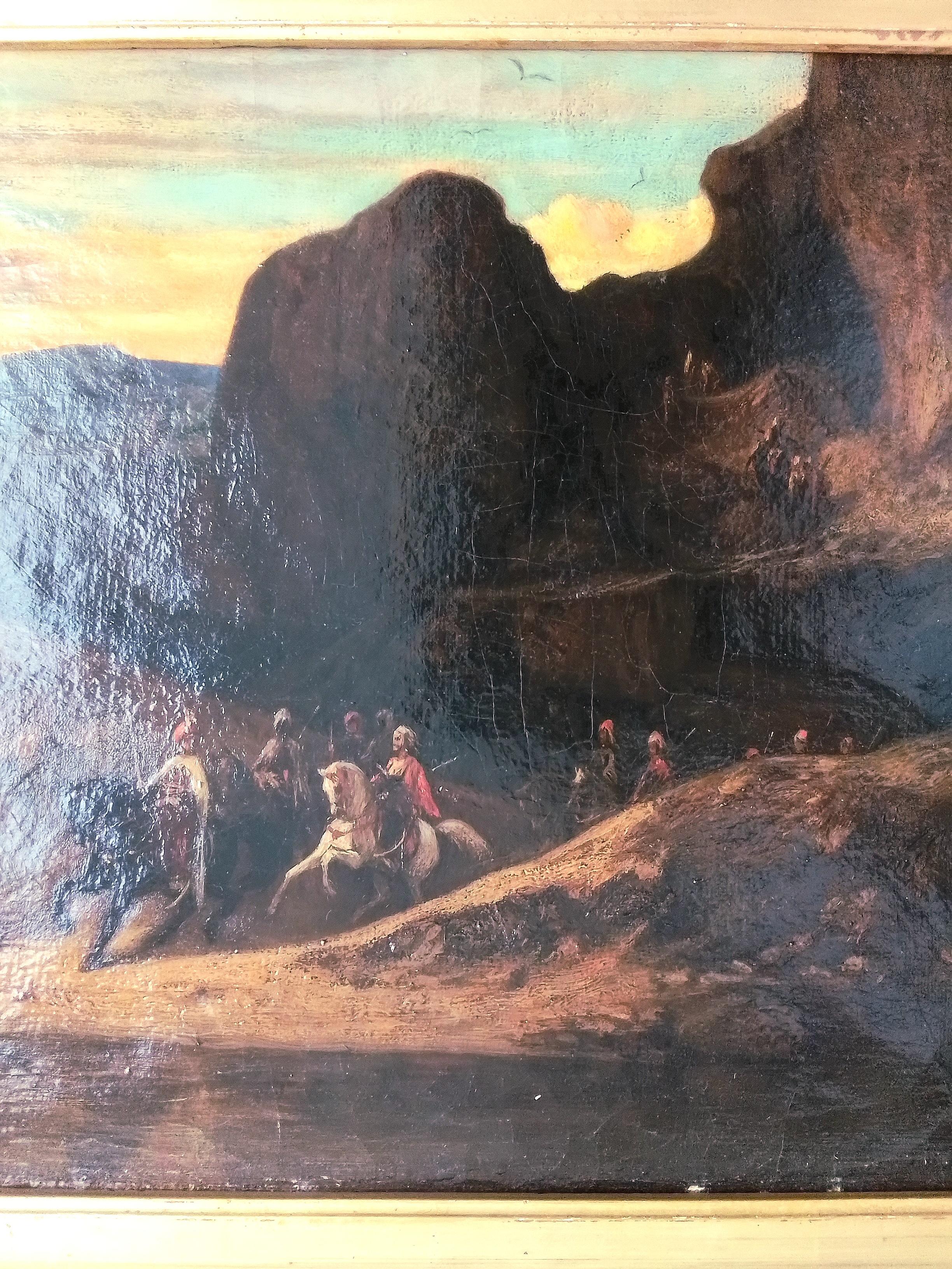 Orientalist cavalry scene Decamps Gabriel - oil on canvas - initials DC - Brown Animal Painting by Decamps Gabriel Alexandre