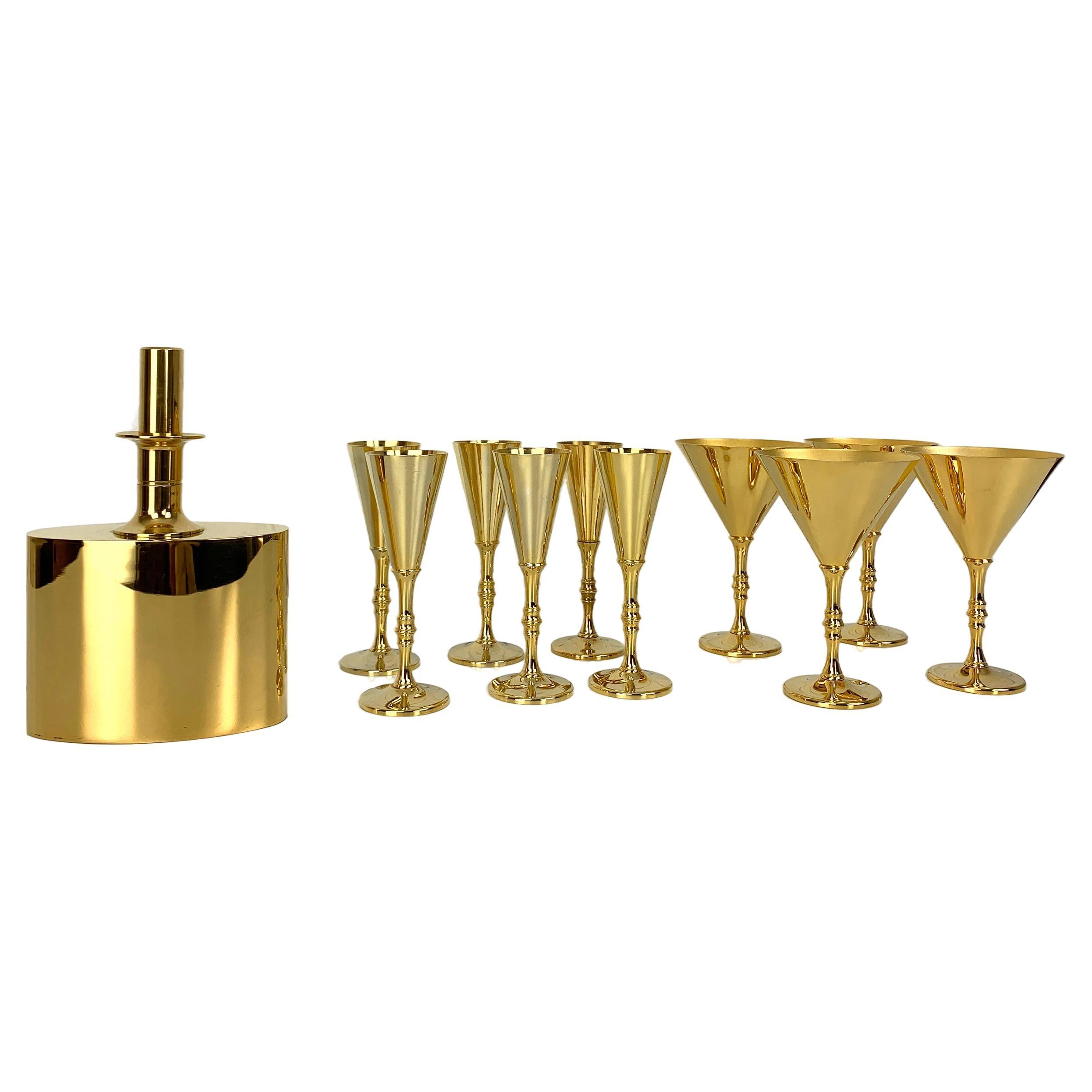 Decanter & 10 glasses in gold plated brass, Pierre Forsell for Skultuna, 1960s For Sale