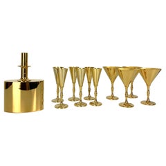 Retro Decanter & 10 glasses in gold plated brass, Pierre Forsell for Skultuna, 1960s