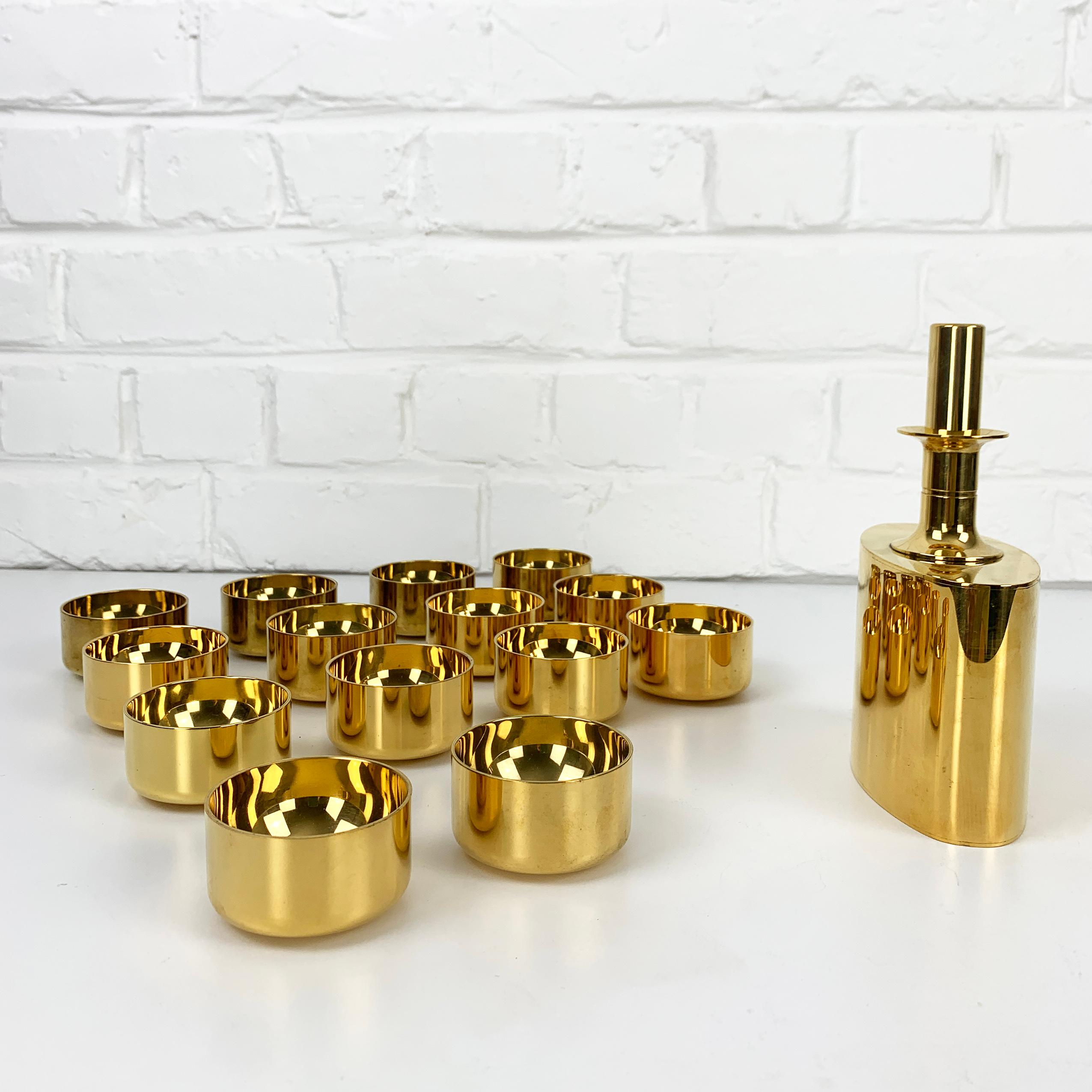 Gold Plate Decanter & 14 bowls in gold plated brass, Pierre Forsell for Skultuna, 1960s