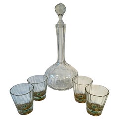 Decantador y Cuatro Vasos de Cristal con Detalles de Trébol Pintados a Mano