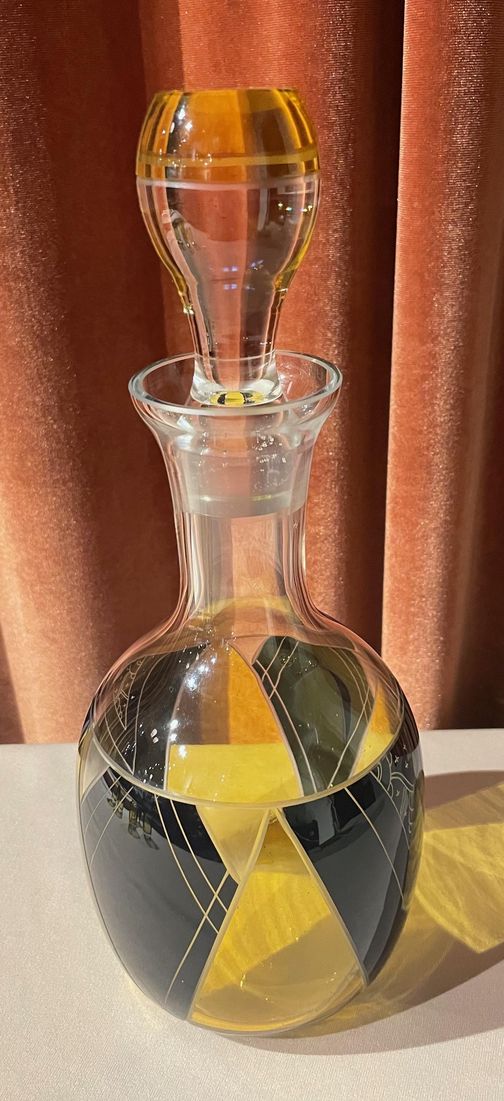 Art Deco Decanter and Glasses by Karl Palda with Yellow Black Pattern For Sale