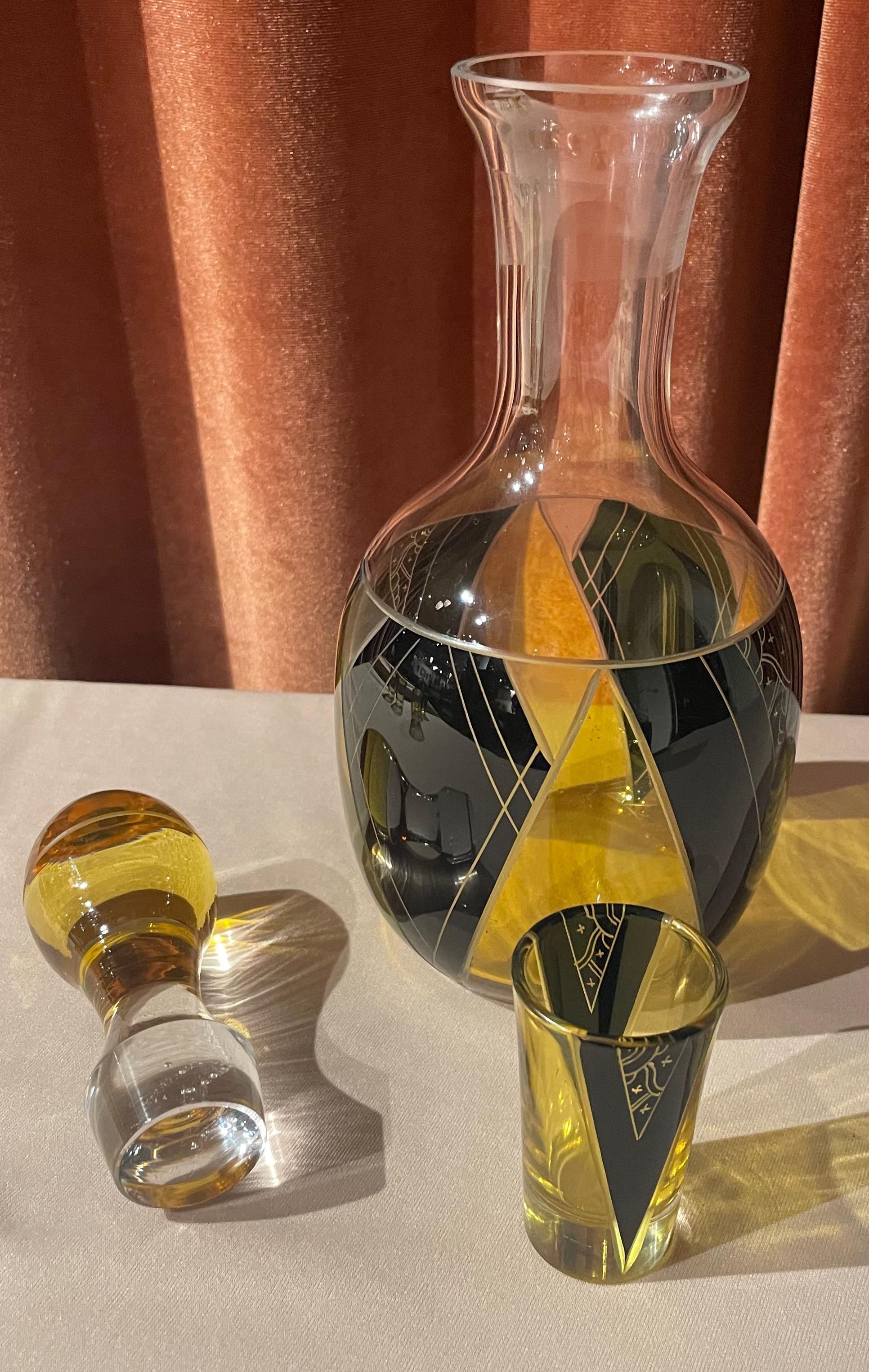 Czech Decanter and Glasses by Karl Palda with Yellow Black Pattern For Sale