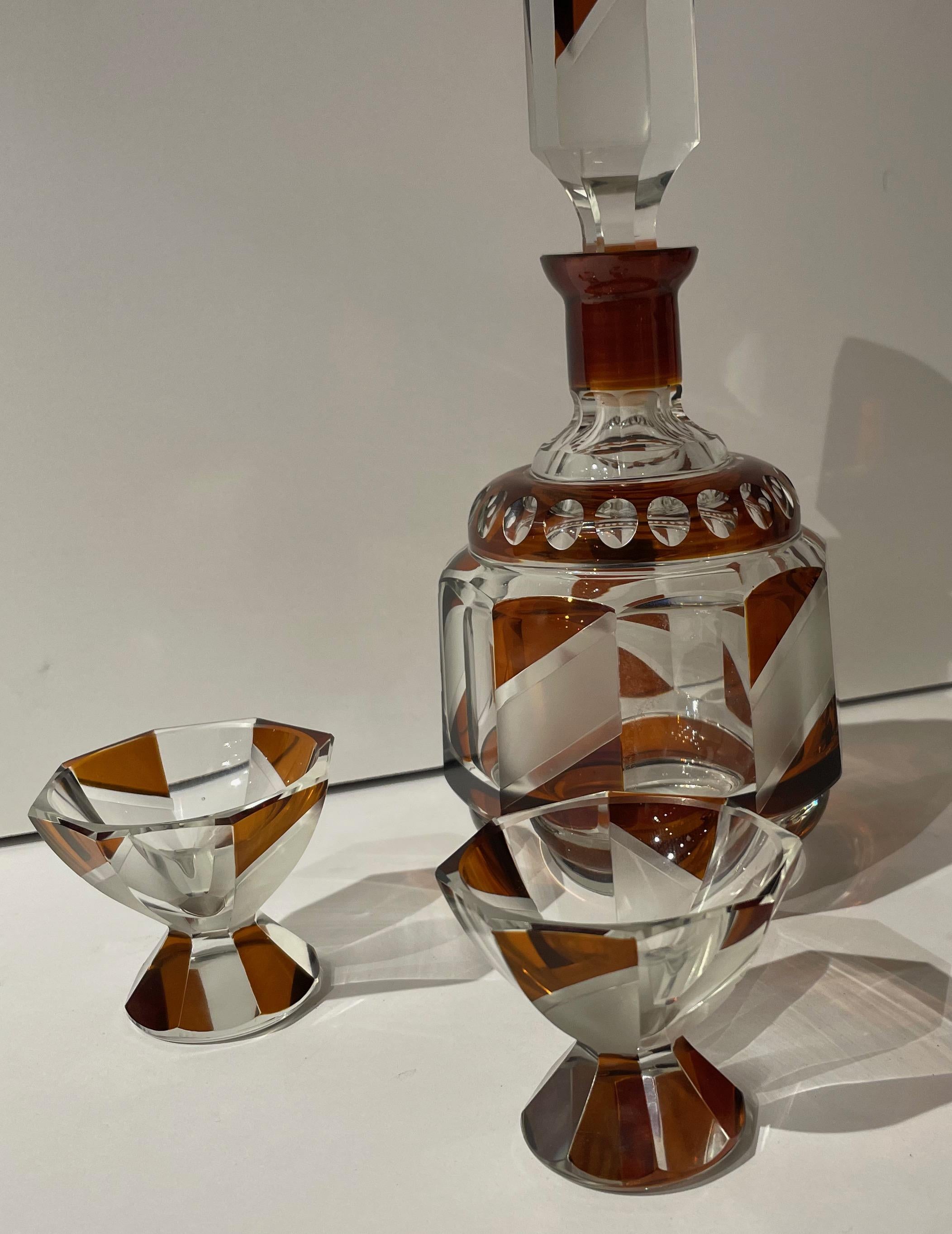 Mid-20th Century Decanter and Glasses Modernist by Karl Palda with Rootbeer-Burgandy Color