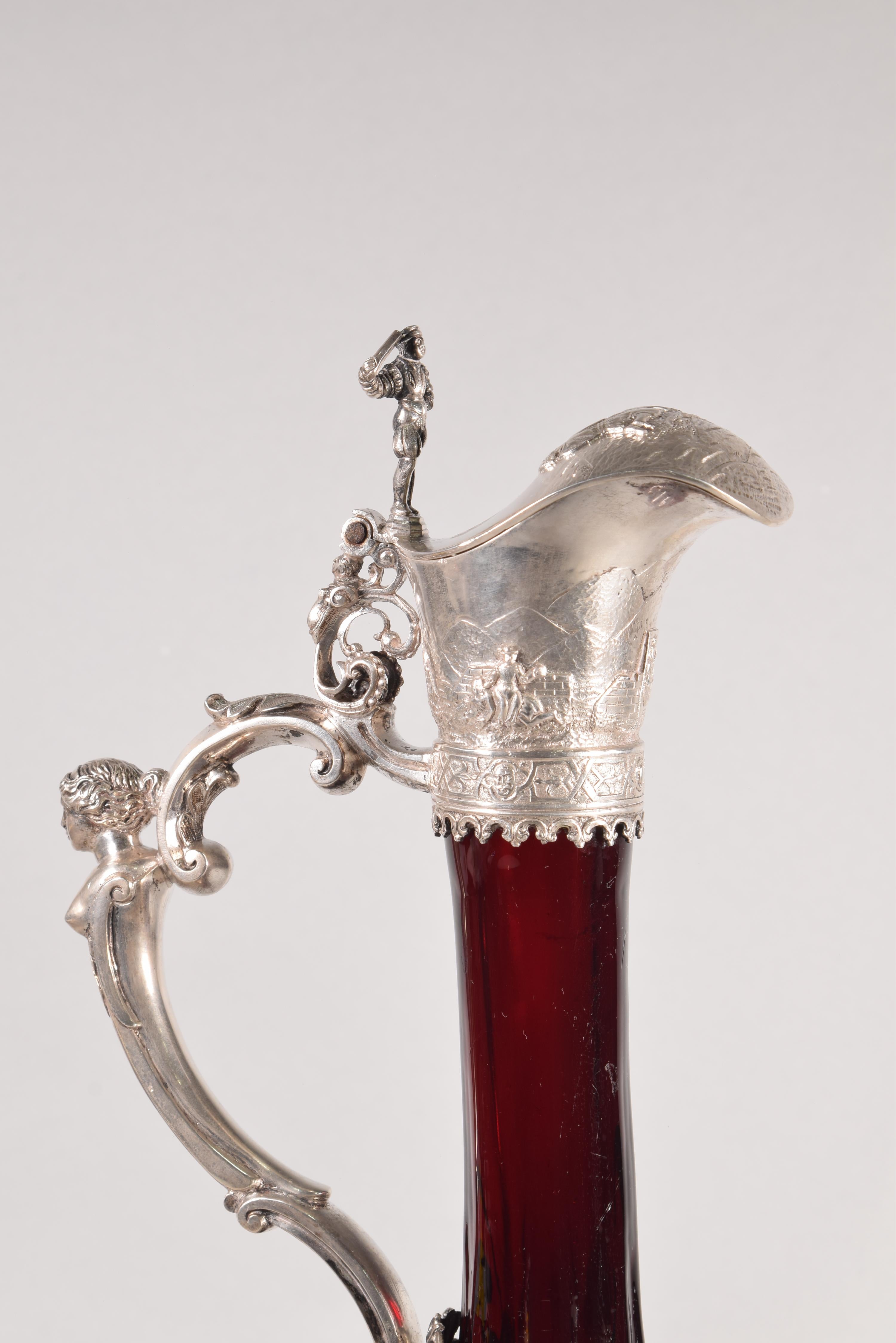 European Decanter, Glass, Silver, Possibly Germany, 19th Century