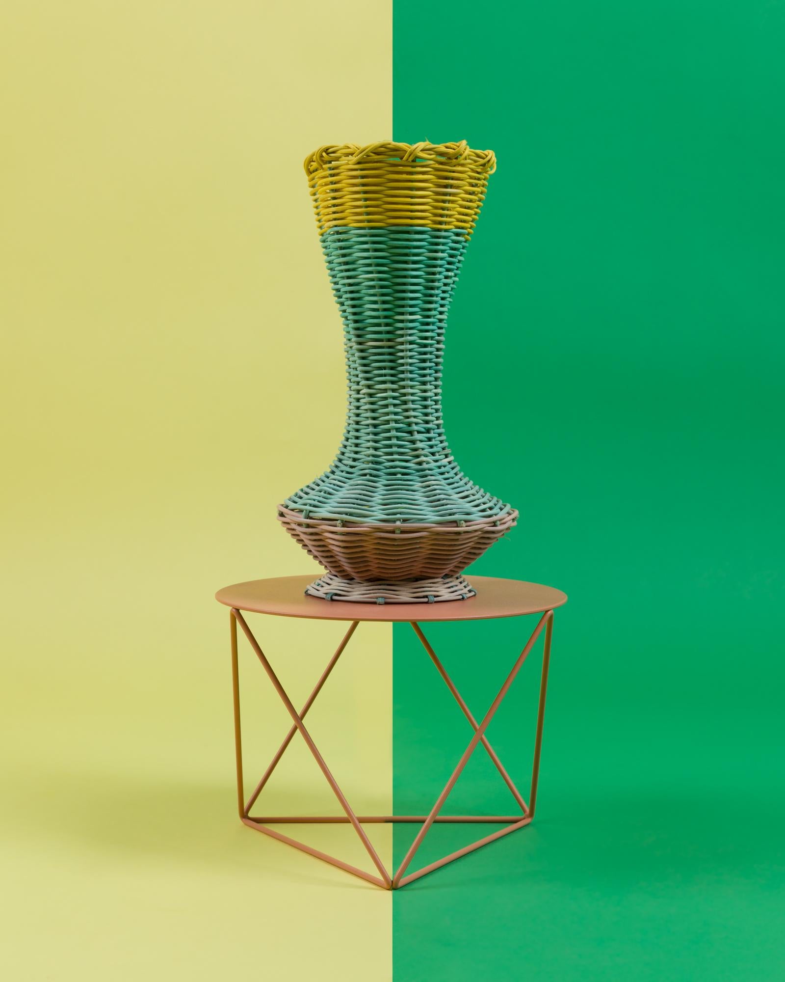 Modern Decanter Vase Woven in Emerald, Lemon + Tan by Studio Herron