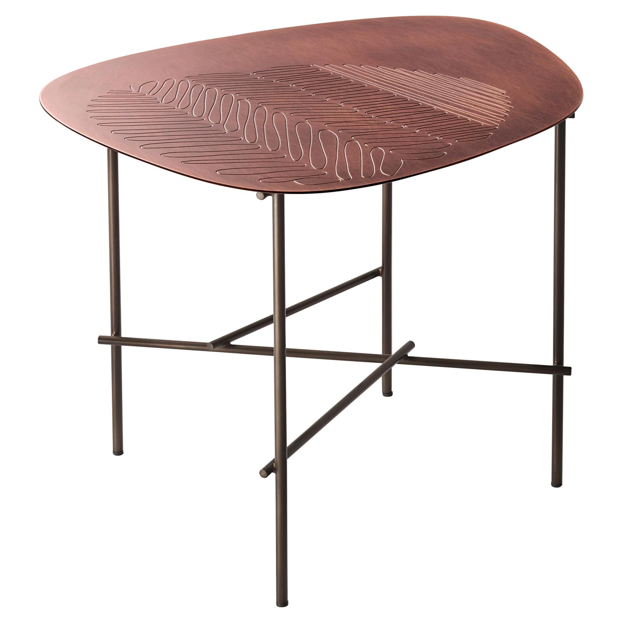 Table basse DeCastelli Syro 45 avec plateau en cuivre et base en fer par Emilio Nanni