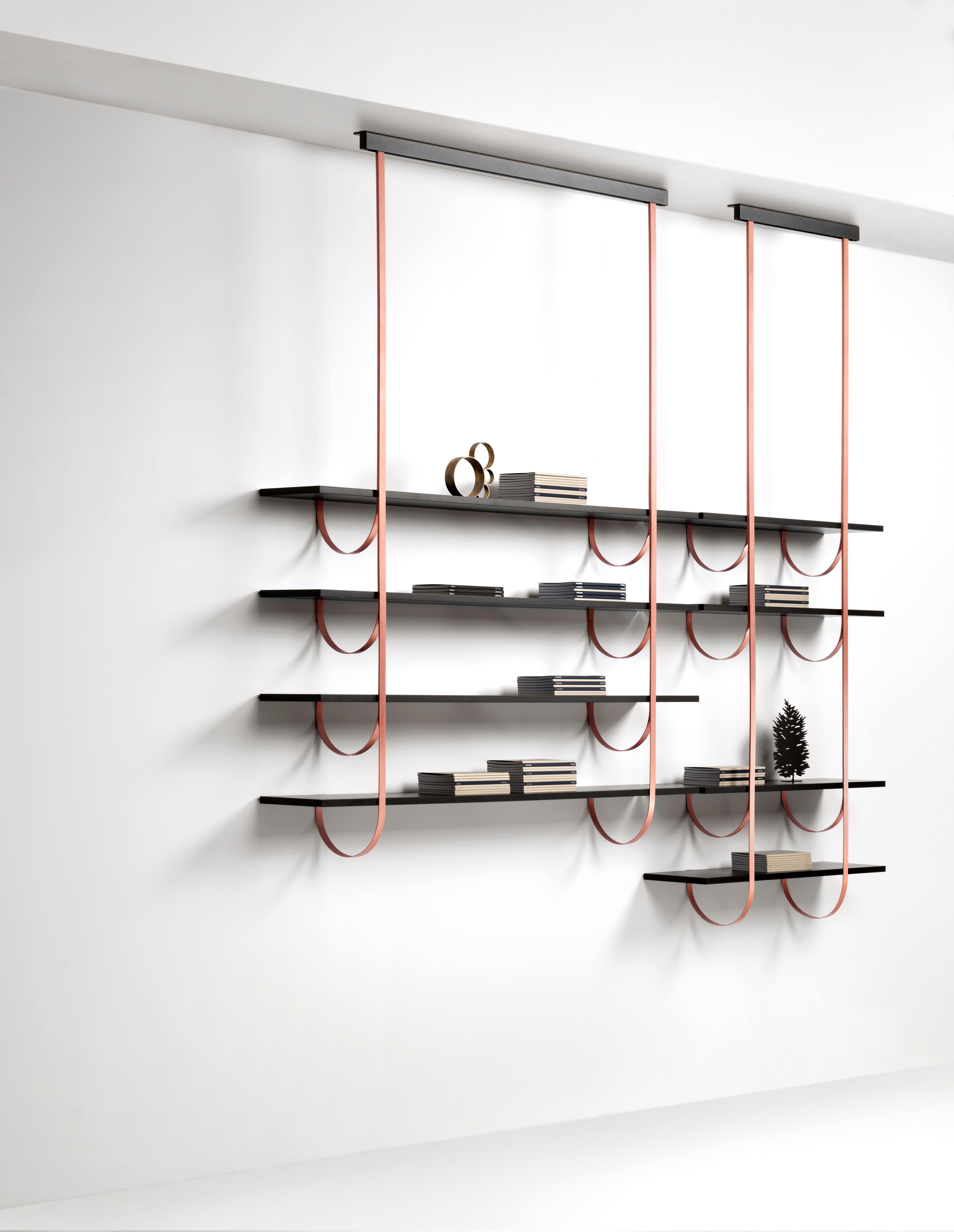 Thin perpendicular supports fall from the ceiling to be anchored to the wall in delicate curves. Like climbing vines, they create a new kind of suspended architecture. Each branch becomes a support for one or more shelves in a modular composition