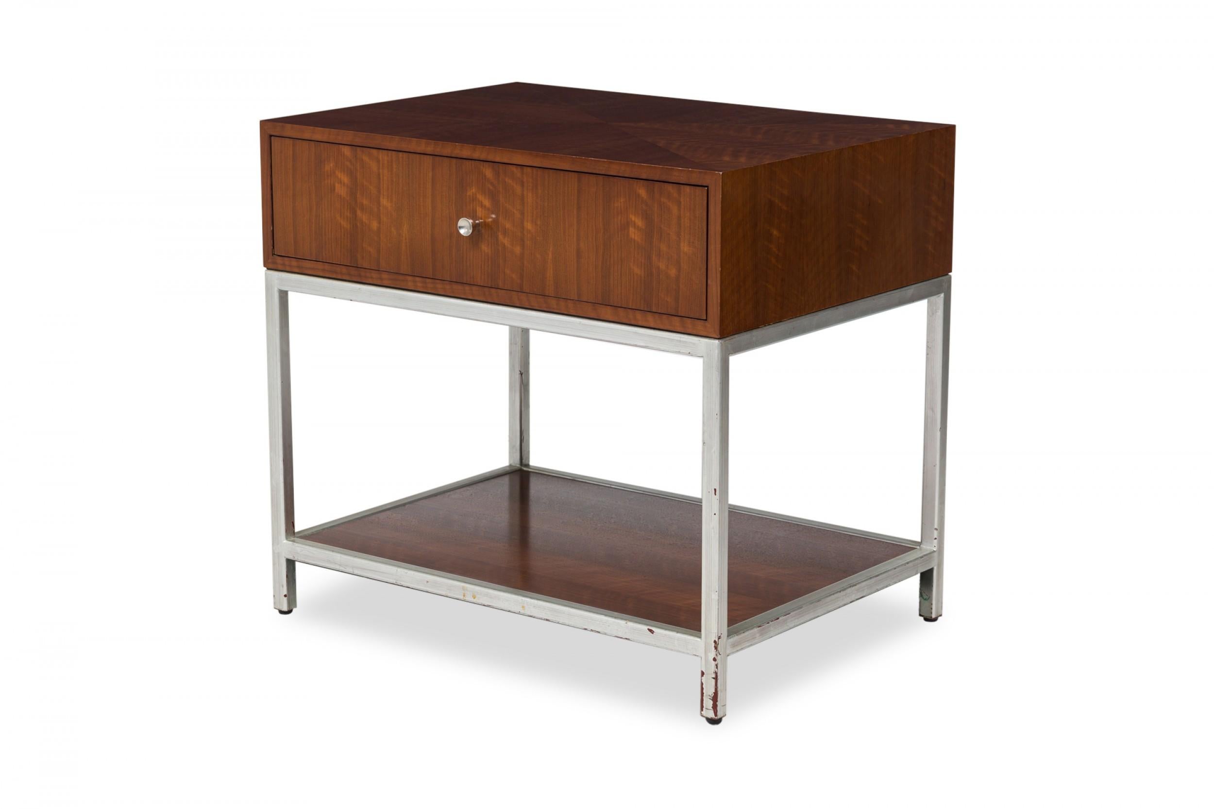 Unknown Decca Contemporary Modern Tiger Wood Veneer & Chrome Rectangular End/Side Tables