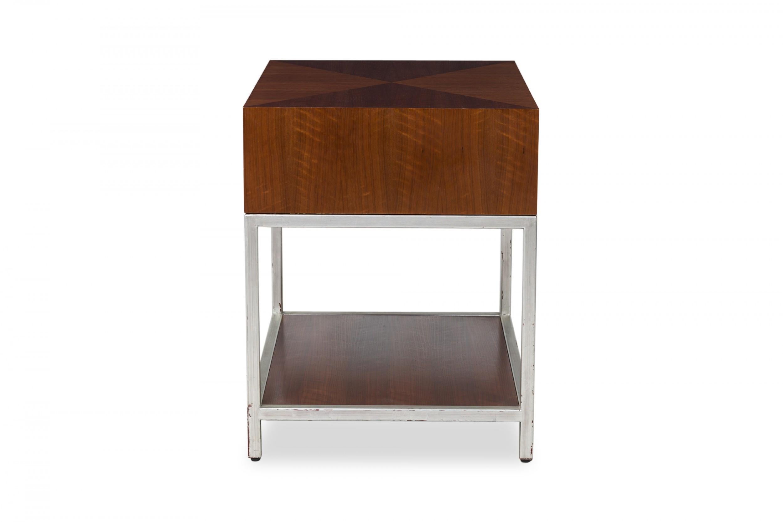Painted Decca Contemporary Modern Tiger Wood Veneer & Chrome Rectangular End/Side Tables