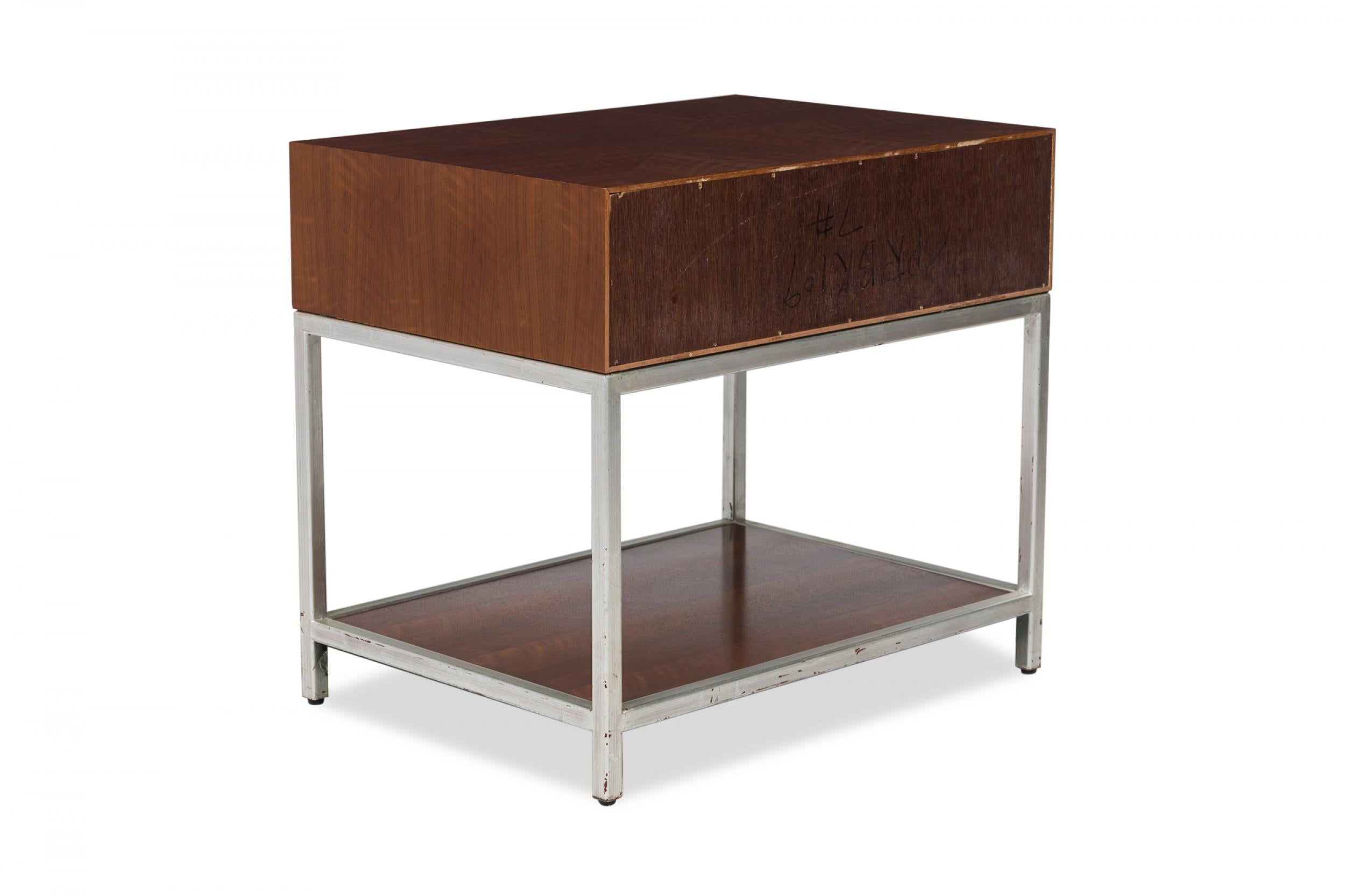 Decca Contemporary Modern Tiger Wood Veneer & Chrome Rectangular End/Side Tables In Good Condition In New York, NY