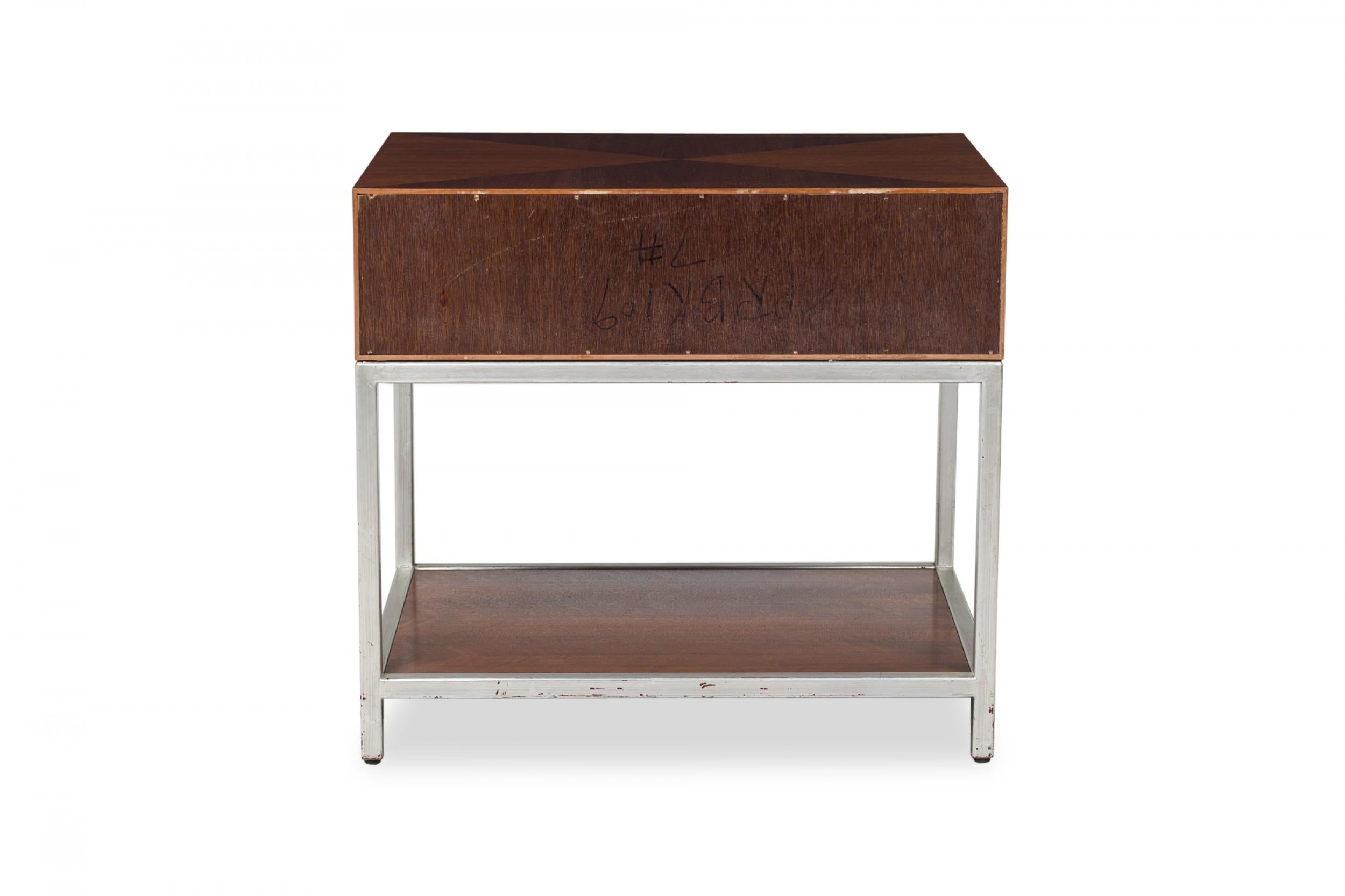 20th Century Decca Contemporary Modern Tiger Wood Veneer & Chrome Rectangular End/Side Tables