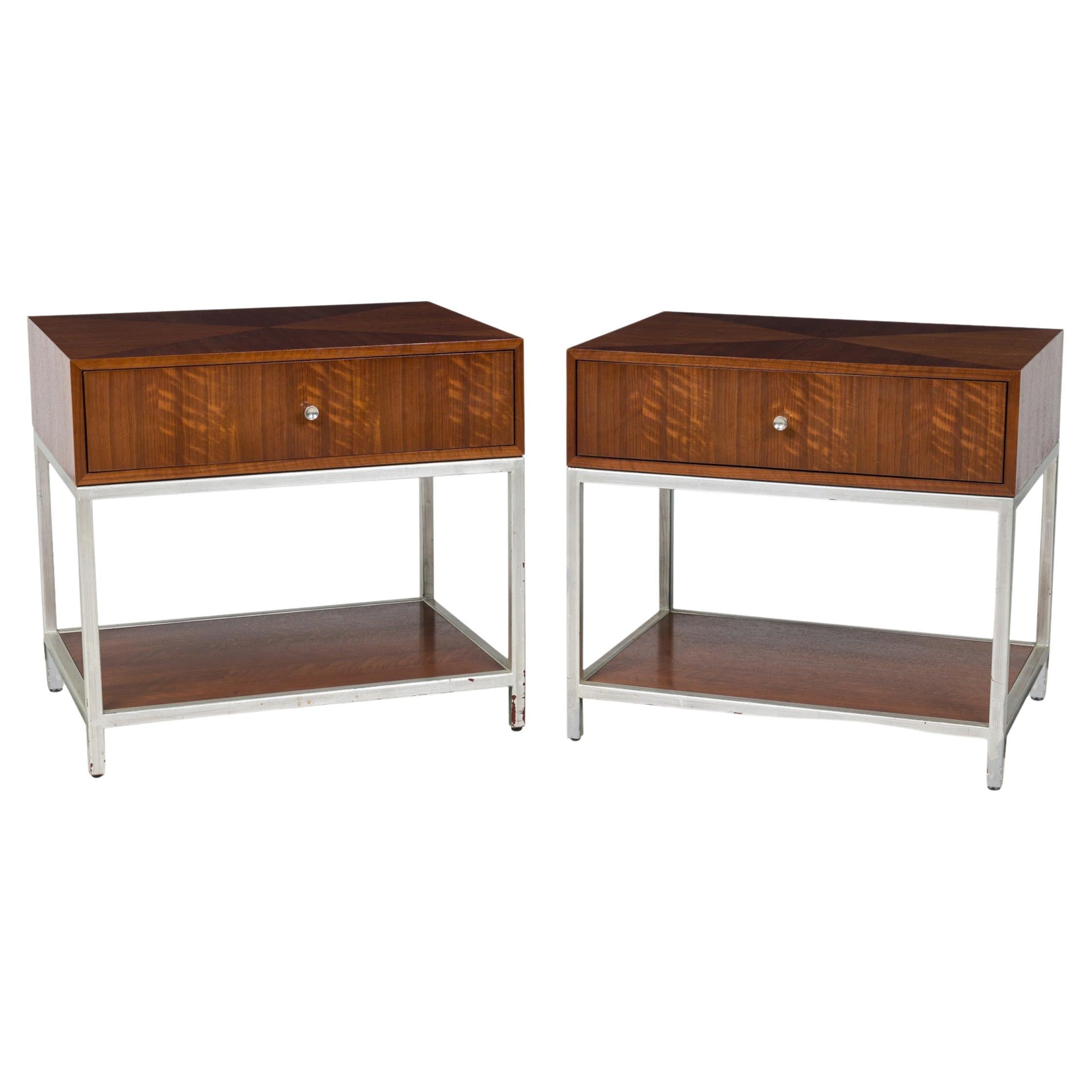 Decca Contemporary Modern Tiger Wood Veneer & Chrome Rectangular End/Side Tables