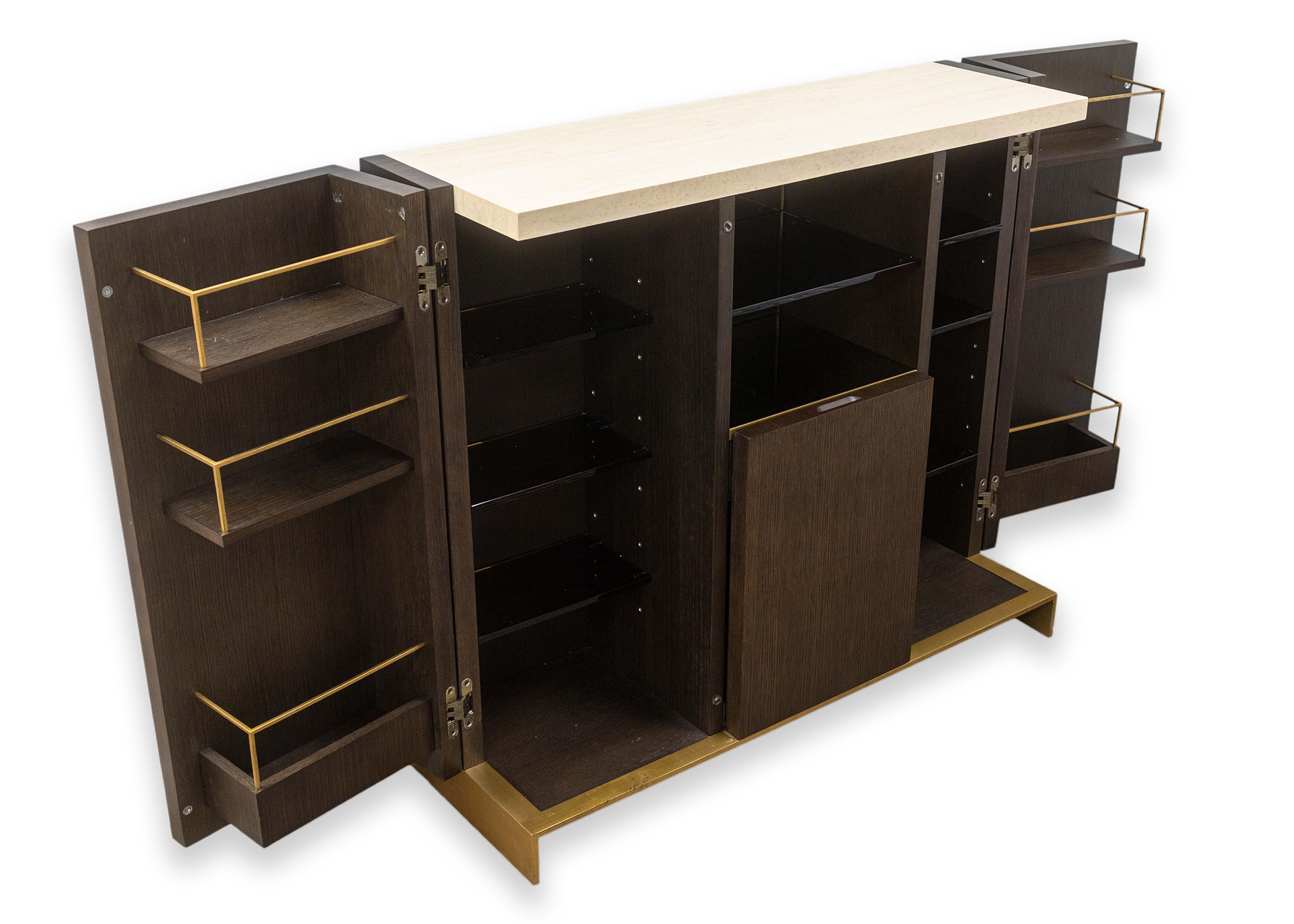 Decca Home Bolier Dark Oak Travertine Smoked Glass Contemporary Dry Bar Cabinet For Sale 4