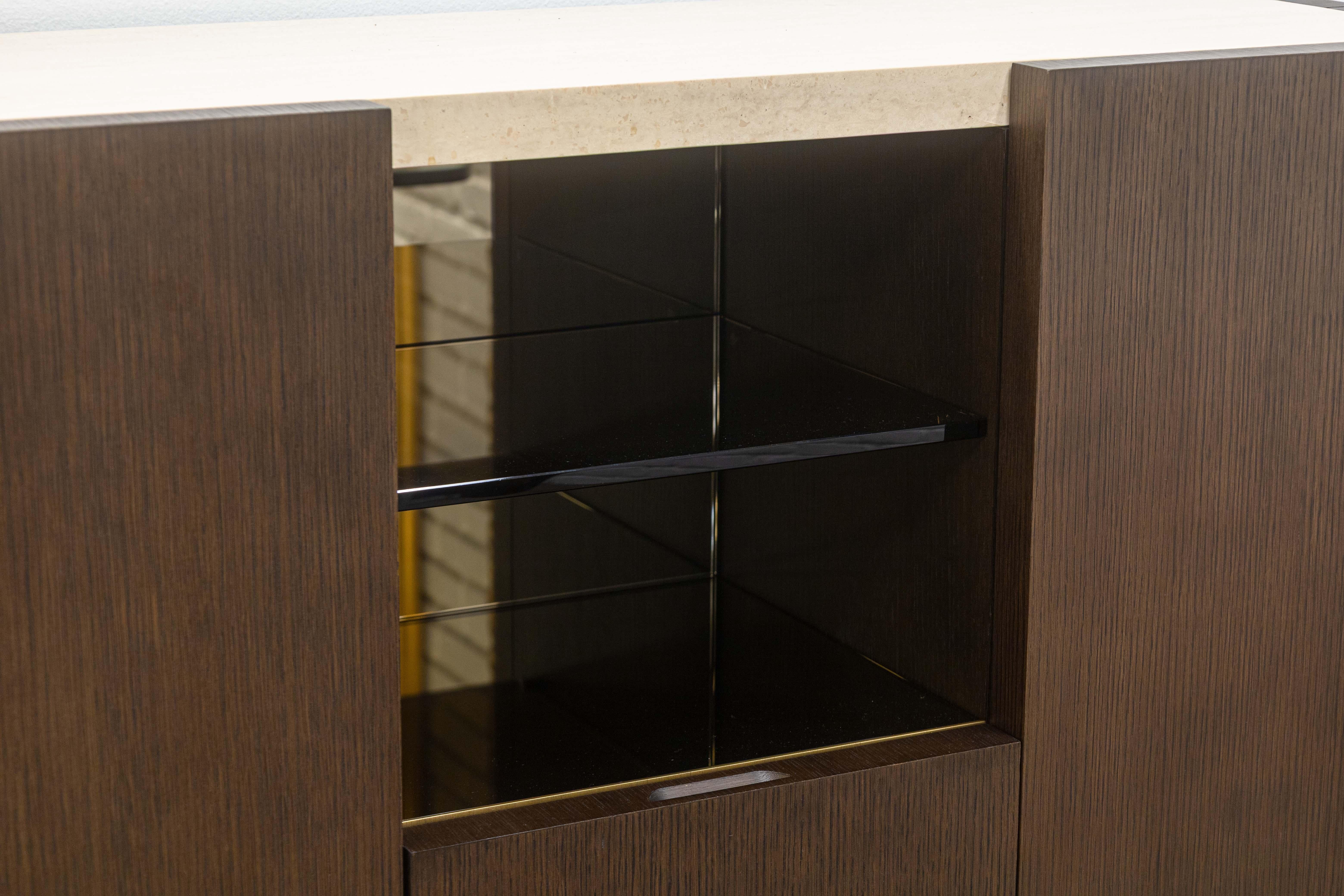 Unknown Decca Home Bolier Dark Oak Travertine Smoked Glass Contemporary Dry Bar Cabinet For Sale