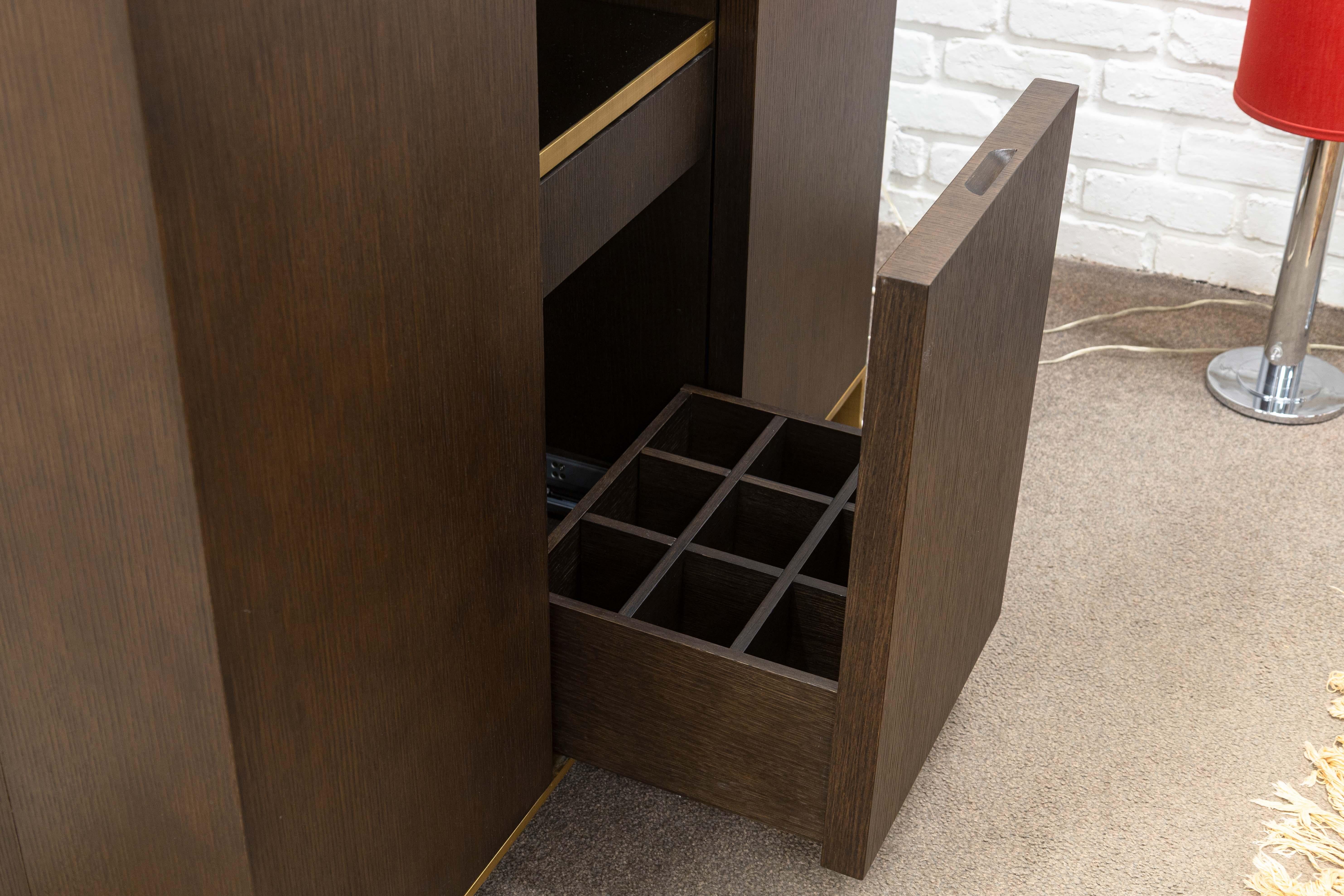Decca Home Bolier Dark Oak Travertine Smoked Glass Contemporary Dry Bar Cabinet In Good Condition For Sale In Keego Harbor, MI