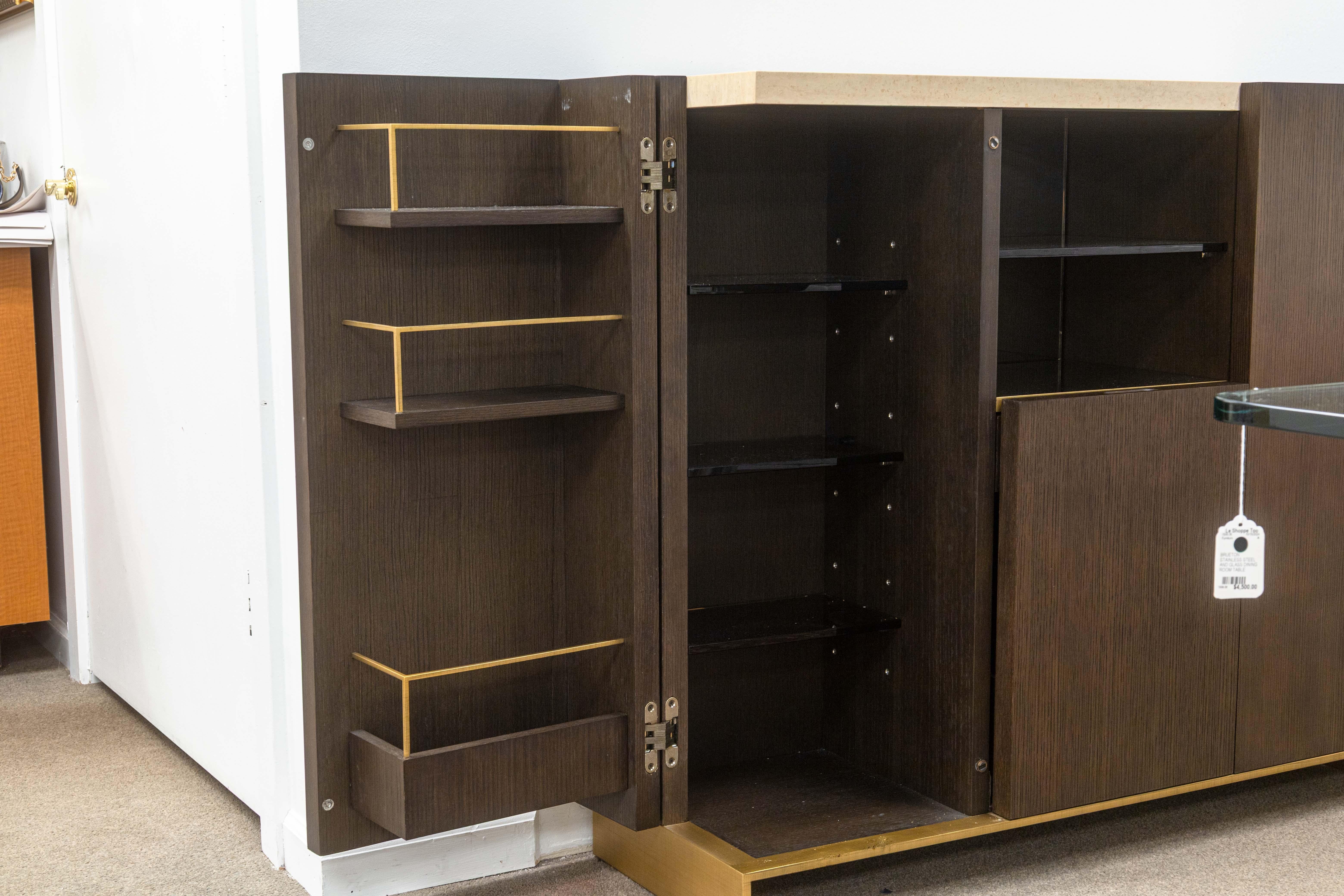 Decca Home Bolier Dark Oak Travertine Smoked Glass Contemporary Dry Bar Cabinet For Sale 2