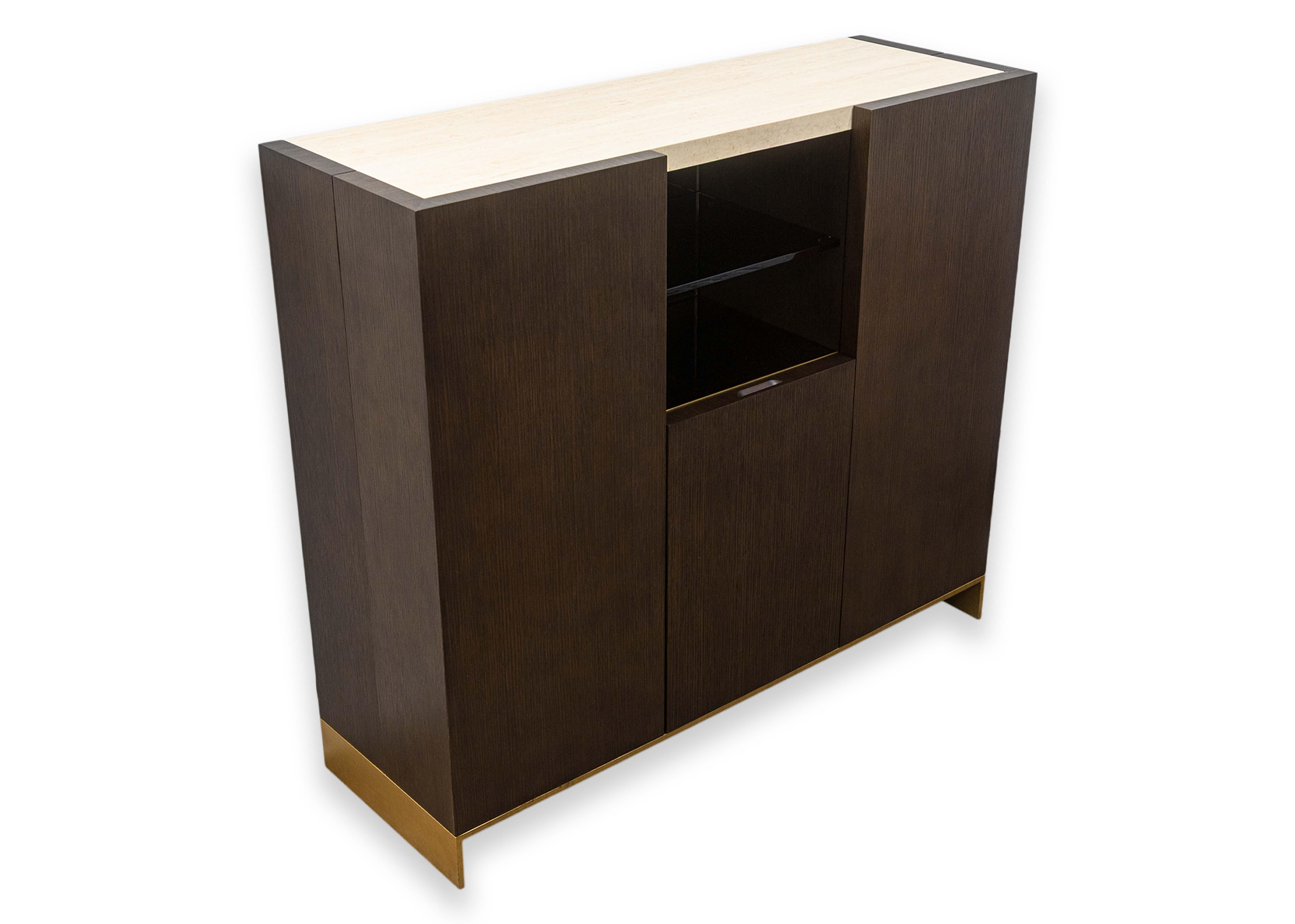Decca Home Bolier Dark Oak Travertine Smoked Glass Contemporary Dry Bar Cabinet For Sale 3