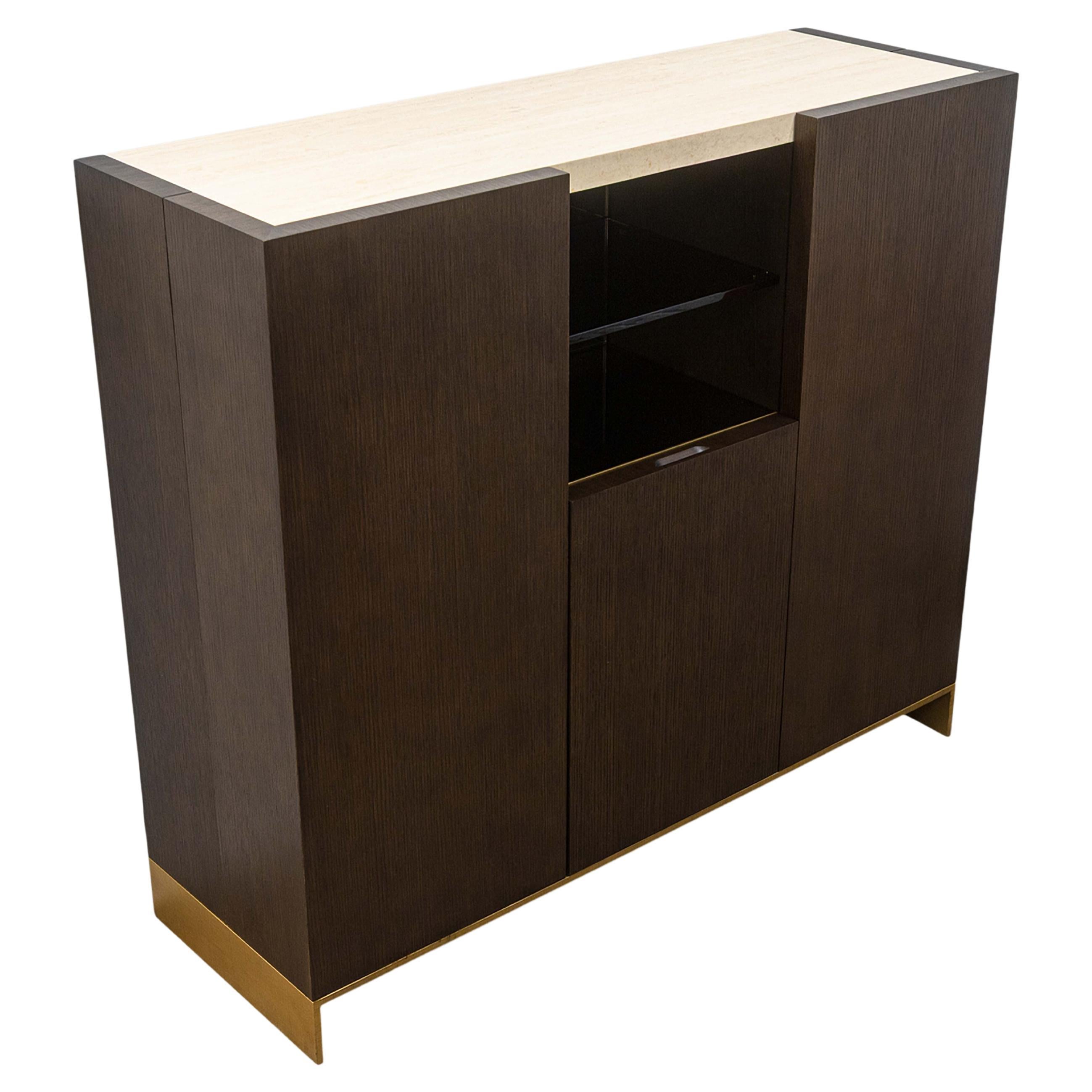Decca Home Bolier Dark Oak Travertine Smoked Glass Contemporary Dry Bar Cabinet For Sale