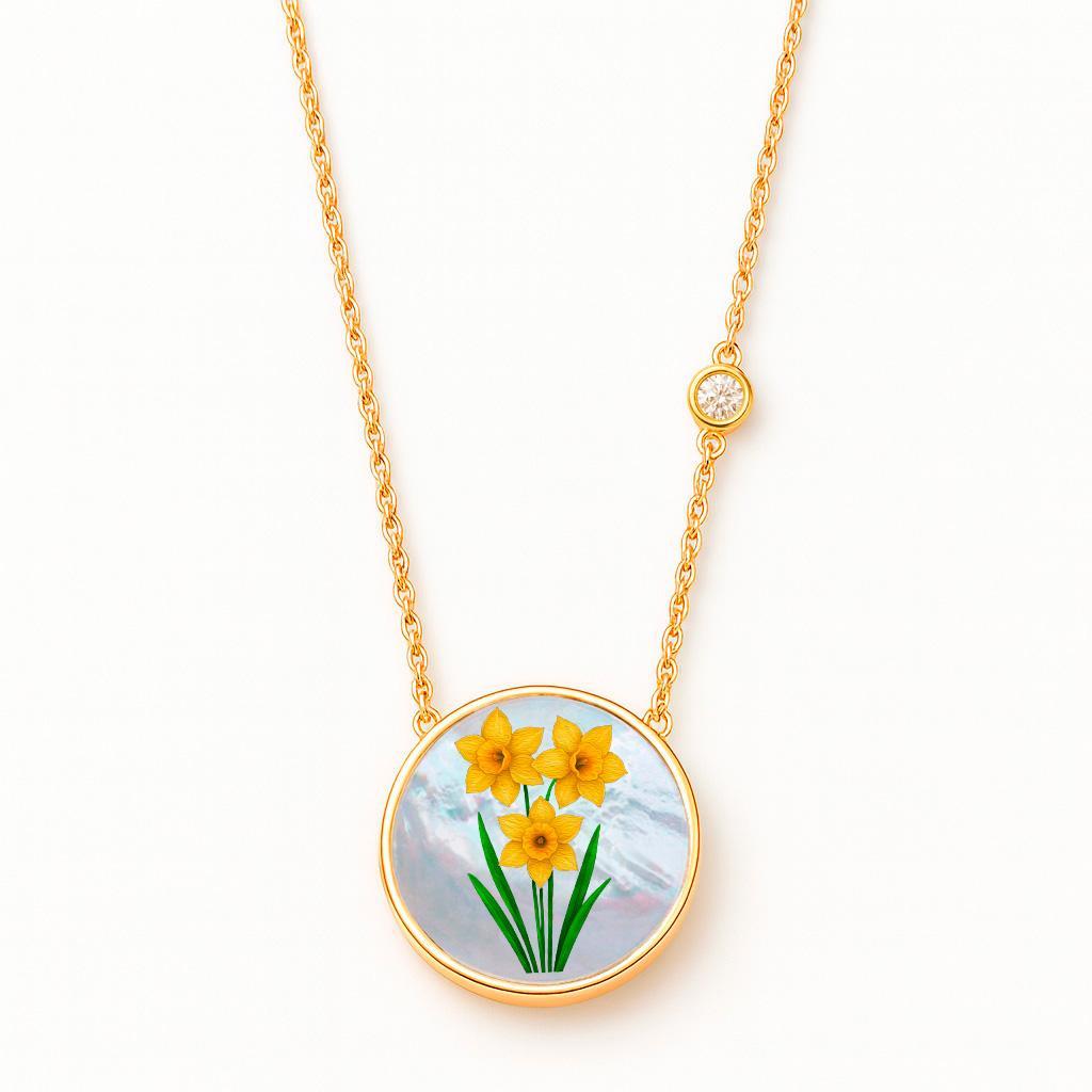 Ciondolo a forma di fiore del mese di dicembre/ Ciondolo a forma di fiore di Narciso dipinto su madreperla / Ciondolo rotondo in madreperla, moissanite e disegno di un fiore. Gioielli Zodiac.
Collana da donna, Argento 925, madreperla