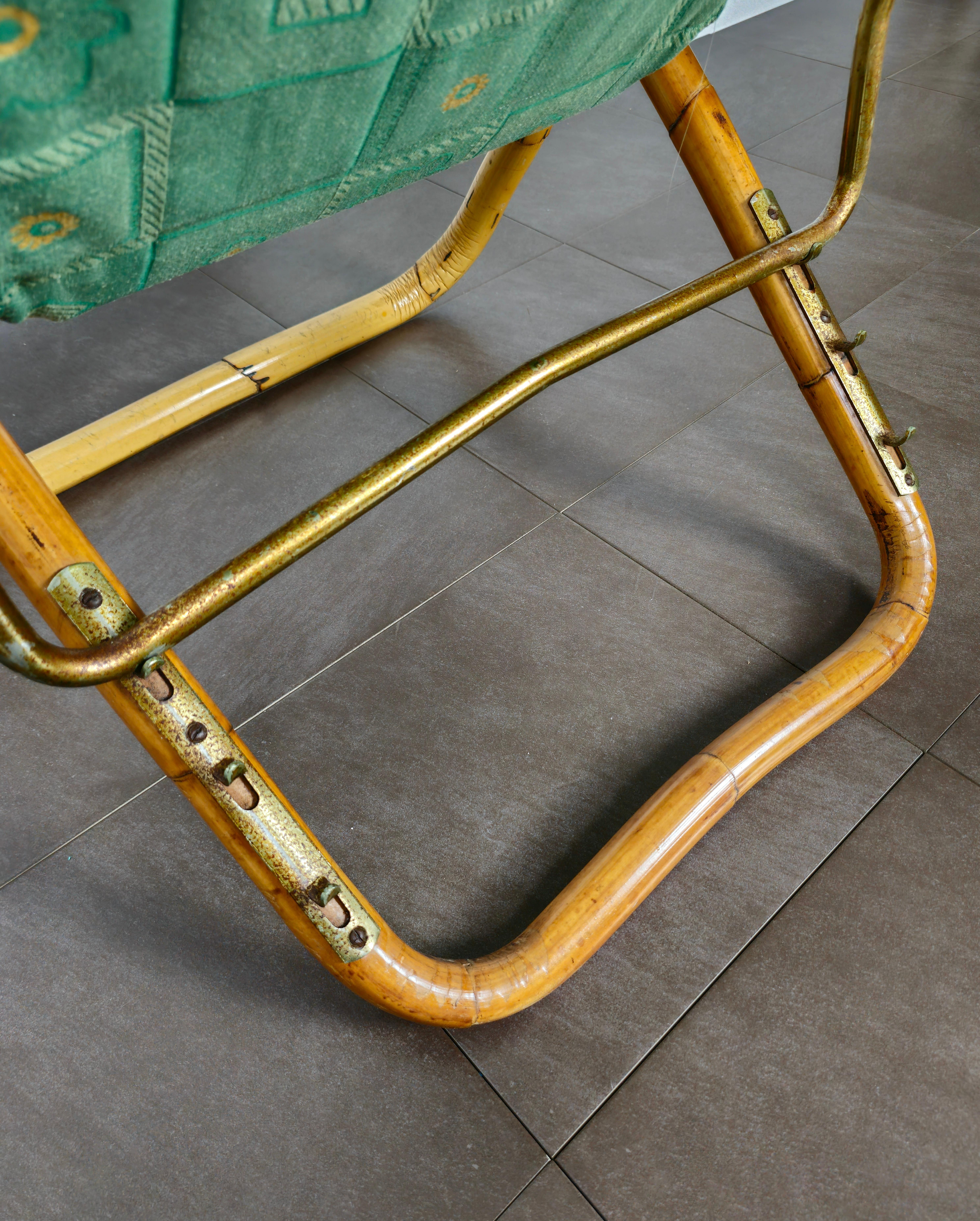 Deck Chair Bamboo Green Fabric Seating Midcentury Italian Design 1970s 4