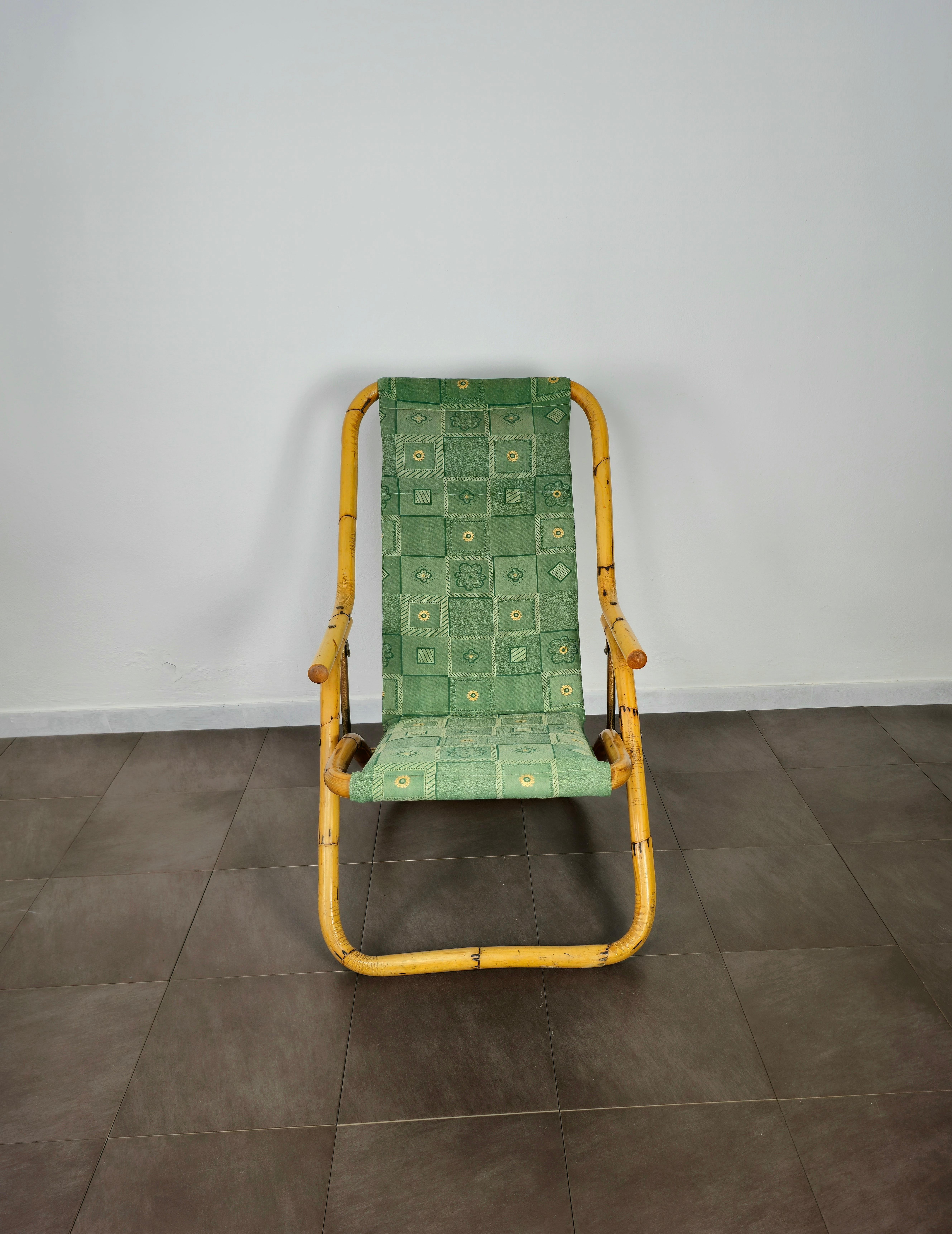 Mid-Century Modern Deck Chair Bamboo Green Fabric Seating Midcentury Italian Design 1970s