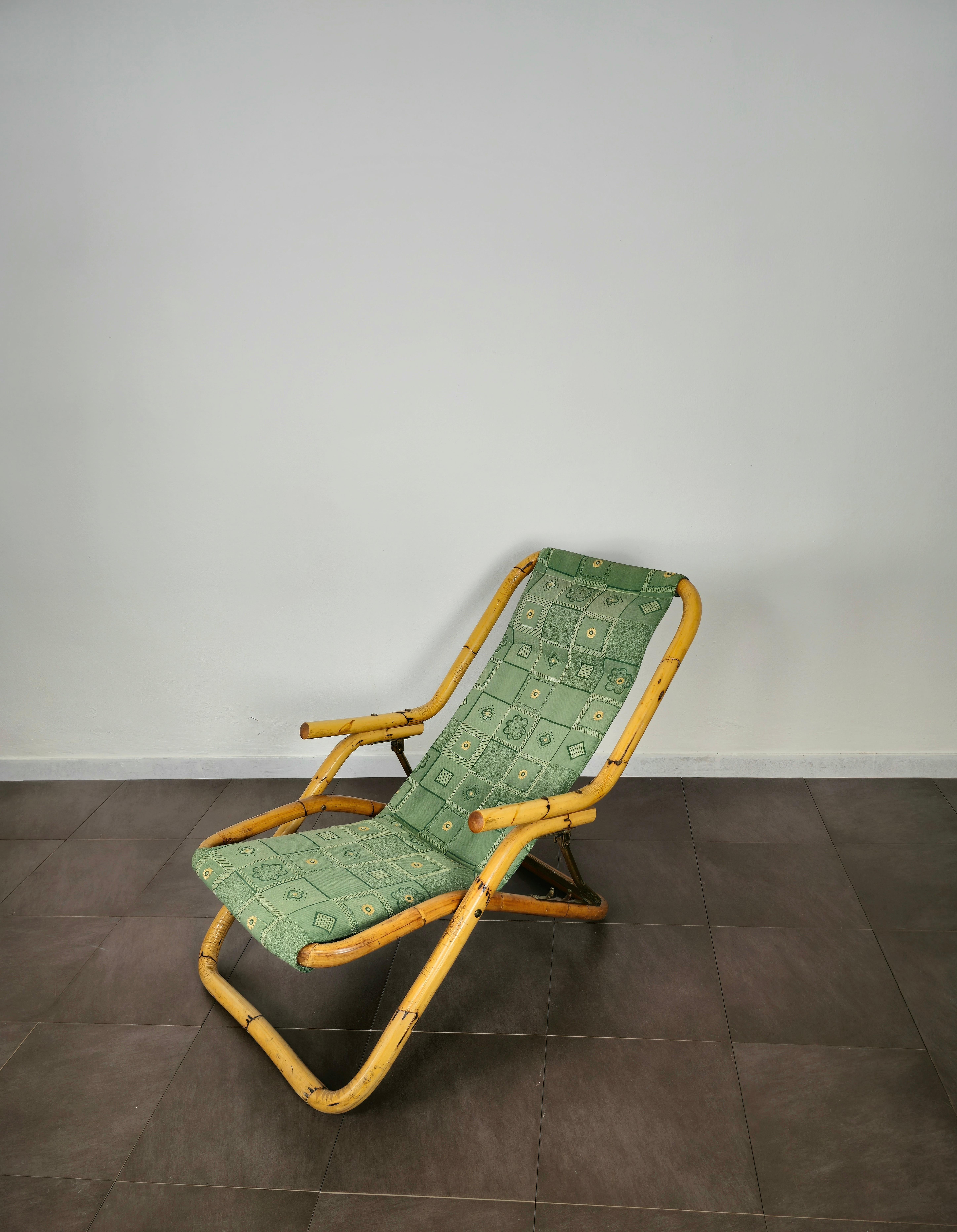 Deck Chair Bamboo Green Fabric Seating Midcentury Italian Design 1970s In Good Condition In Palermo, IT