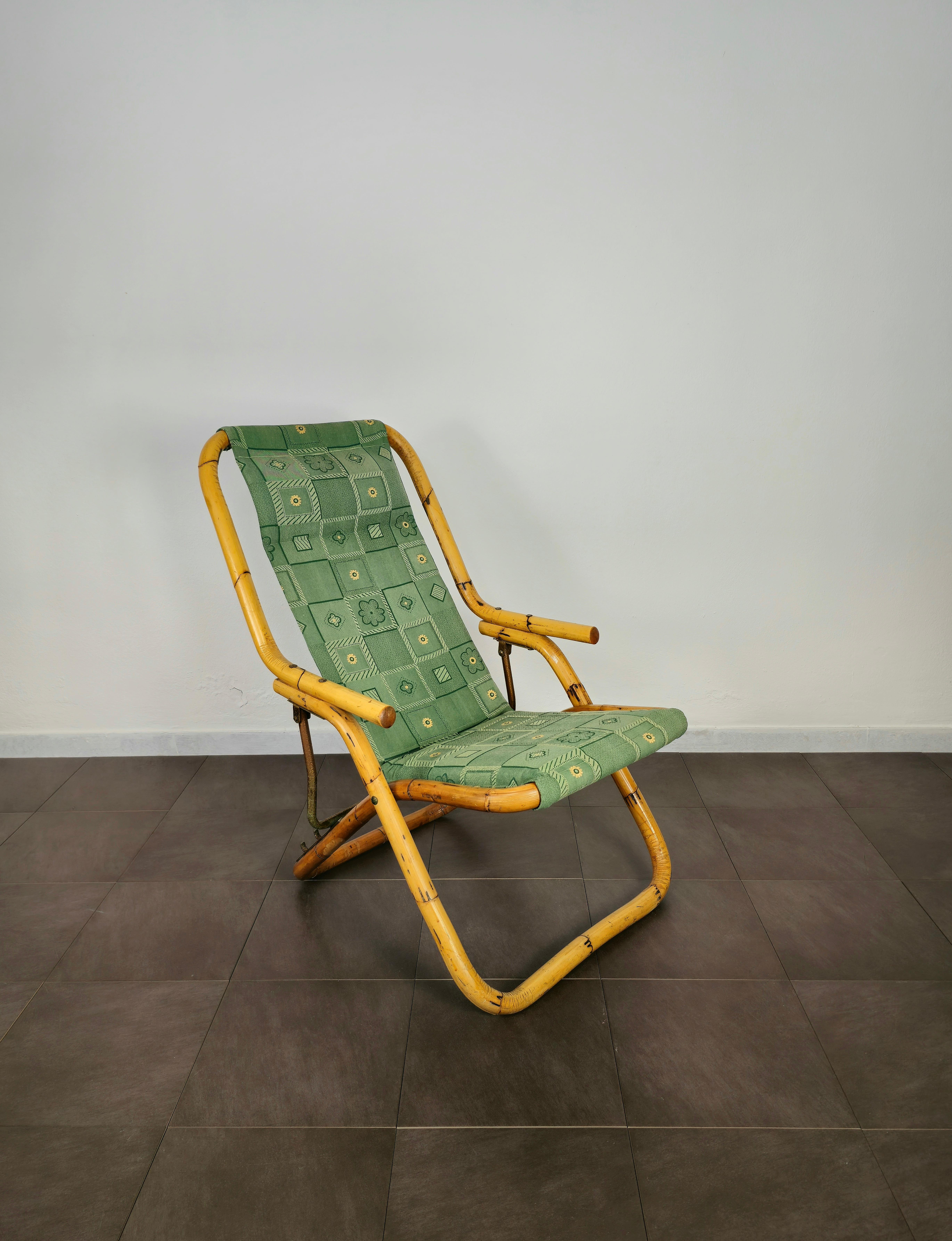 20th Century Deck Chair Bamboo Green Fabric Seating Midcentury Italian Design 1970s