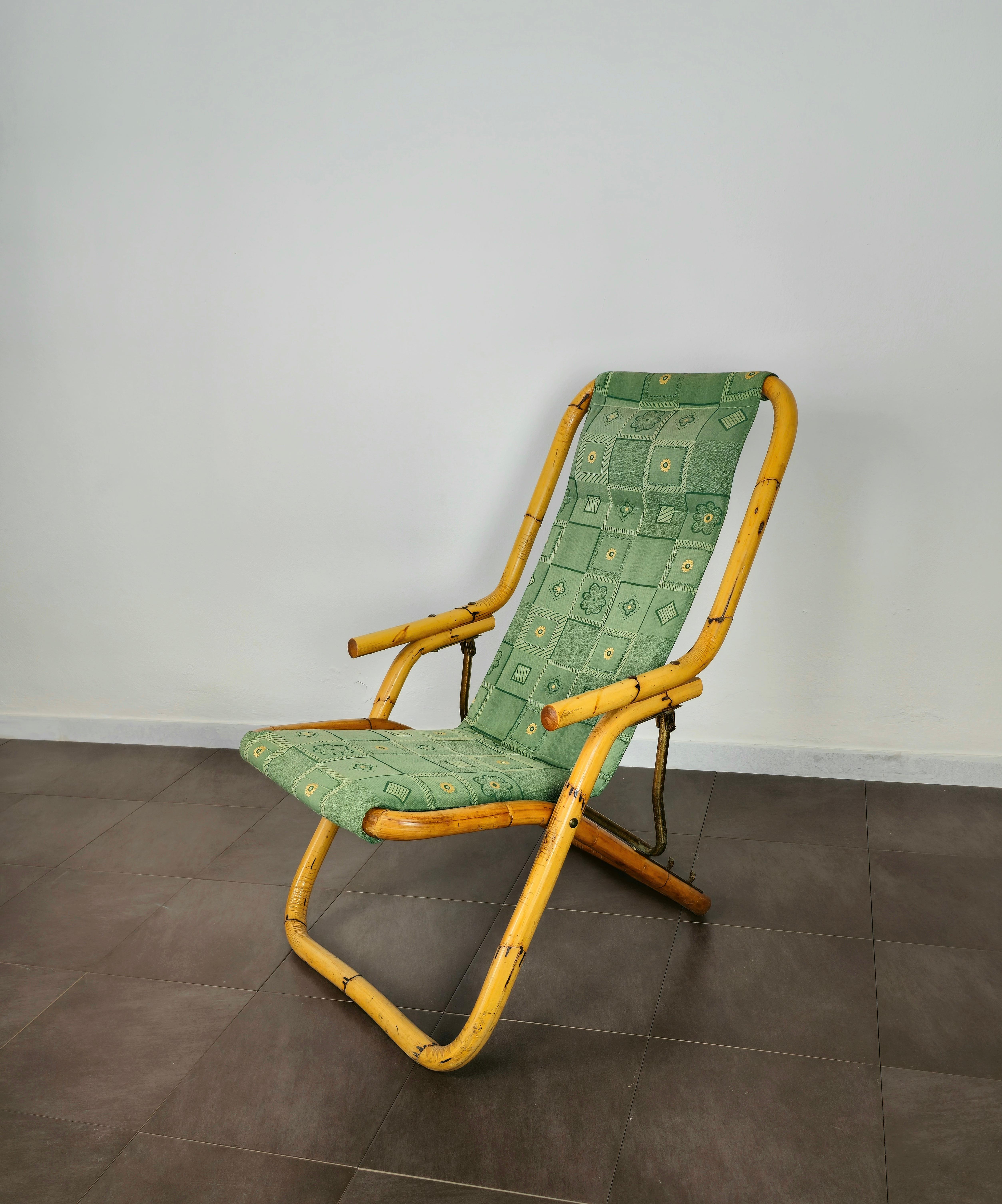 Metal Deck Chair Bamboo Green Fabric Seating Midcentury Italian Design 1970s