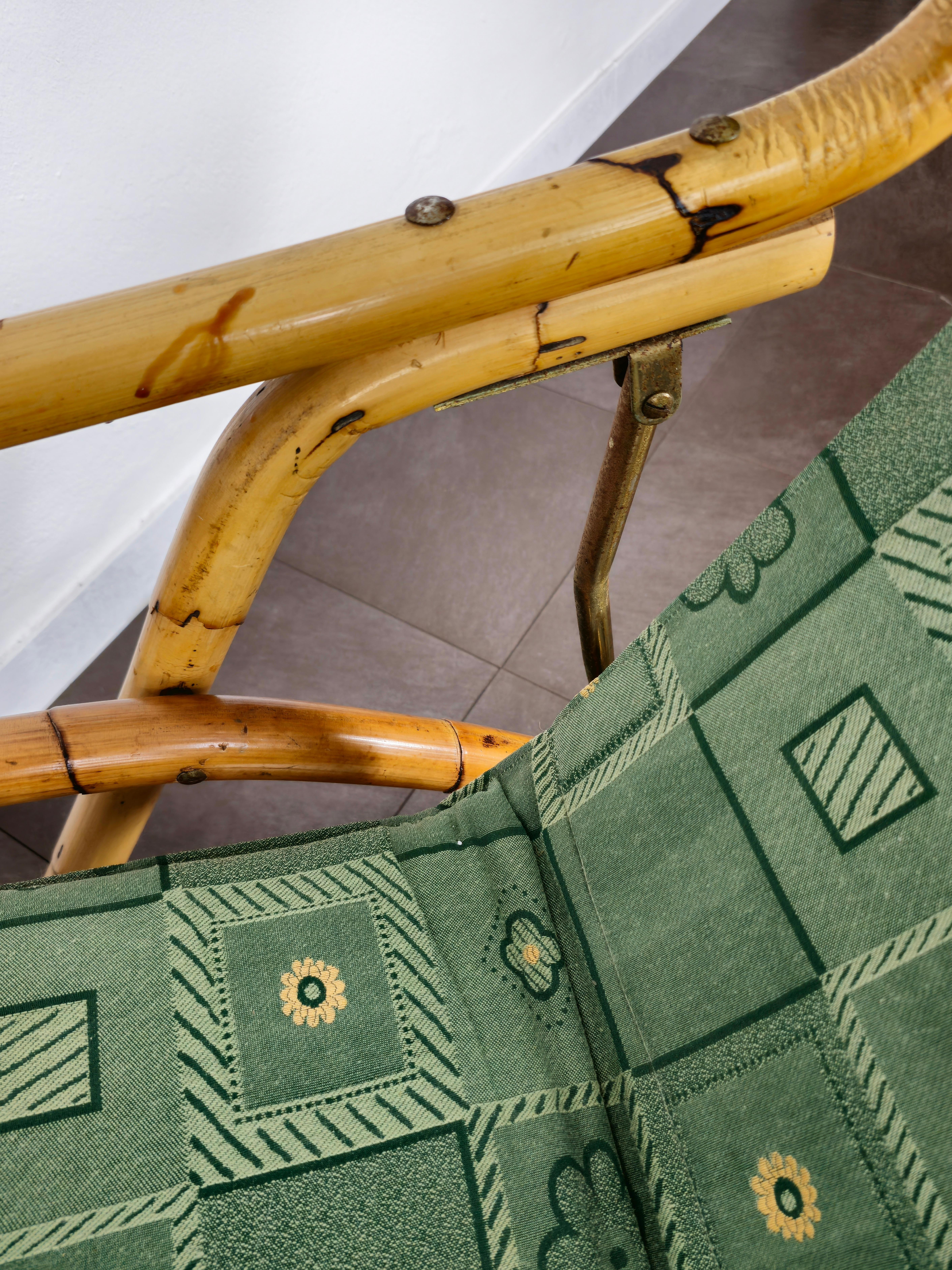 Deck Chair Bamboo Green Fabric Seating Midcentury Italian Design 1970s 3