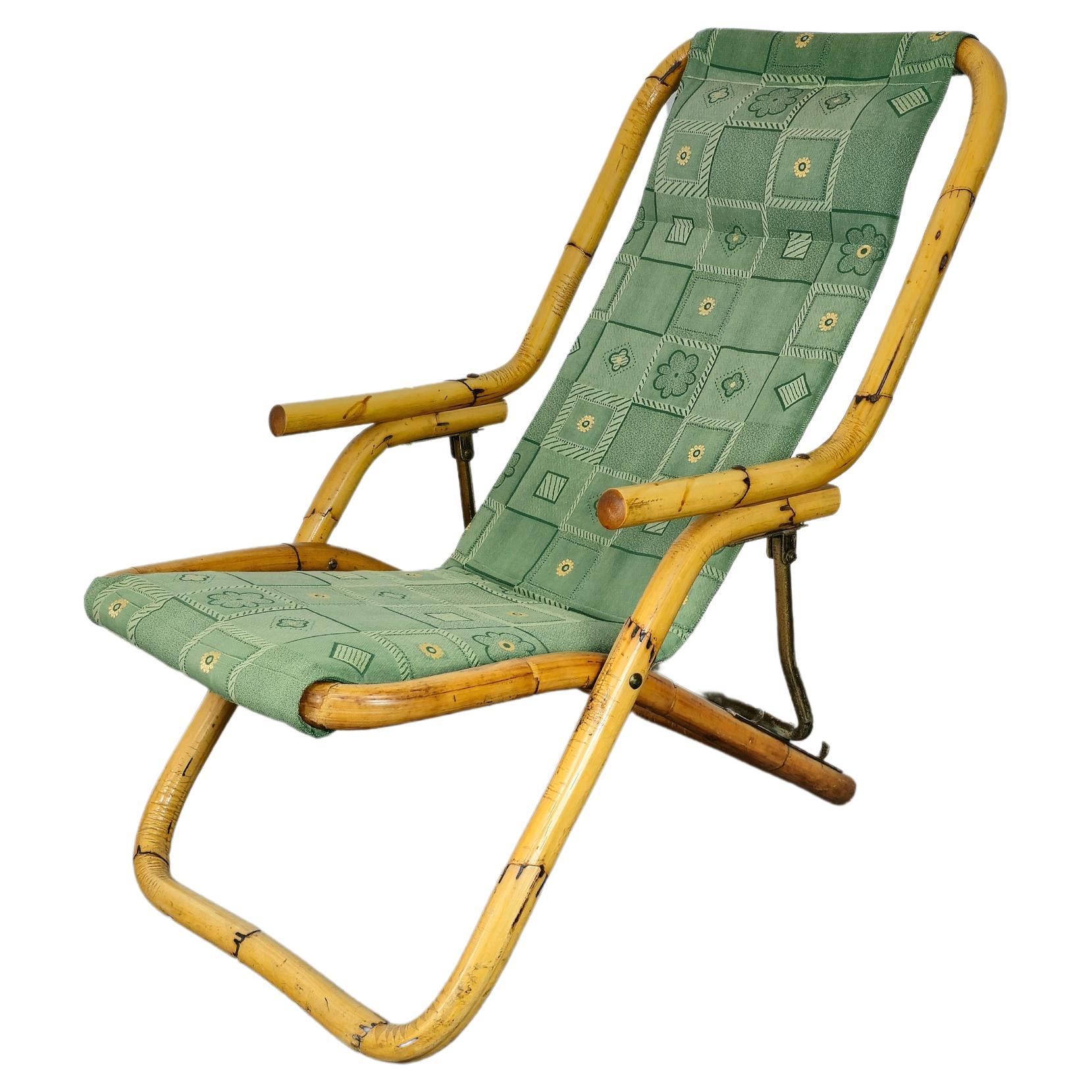 Deck Chair Bamboo Green Fabric Seating Midcentury Italian Design 1970s
