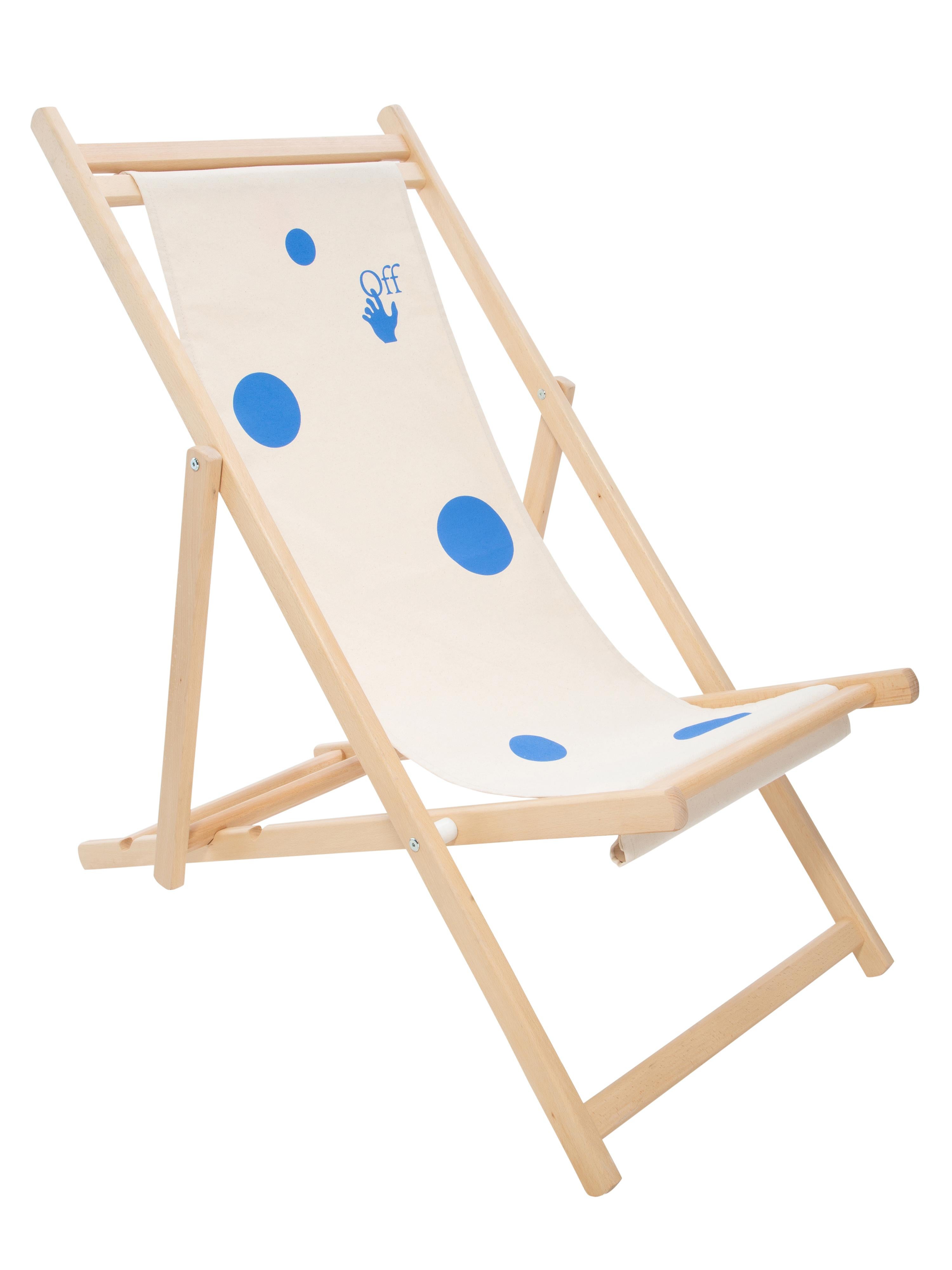 Off-White Deck Chair Wood Ivory Blue For Sale