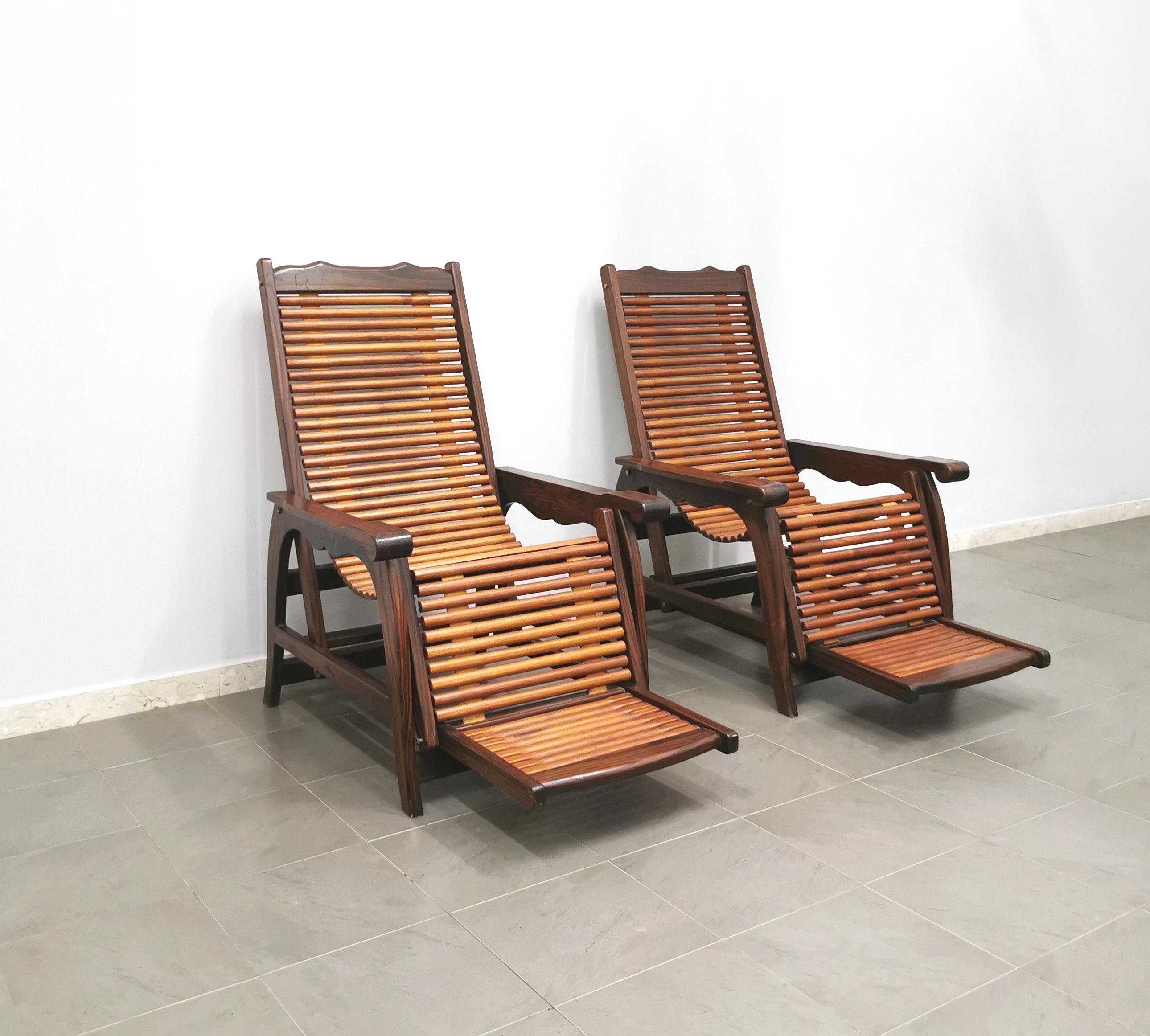 Deck Lounge Chairs Solid Wood Midcentury Italian Design 1960s Set of 2 6