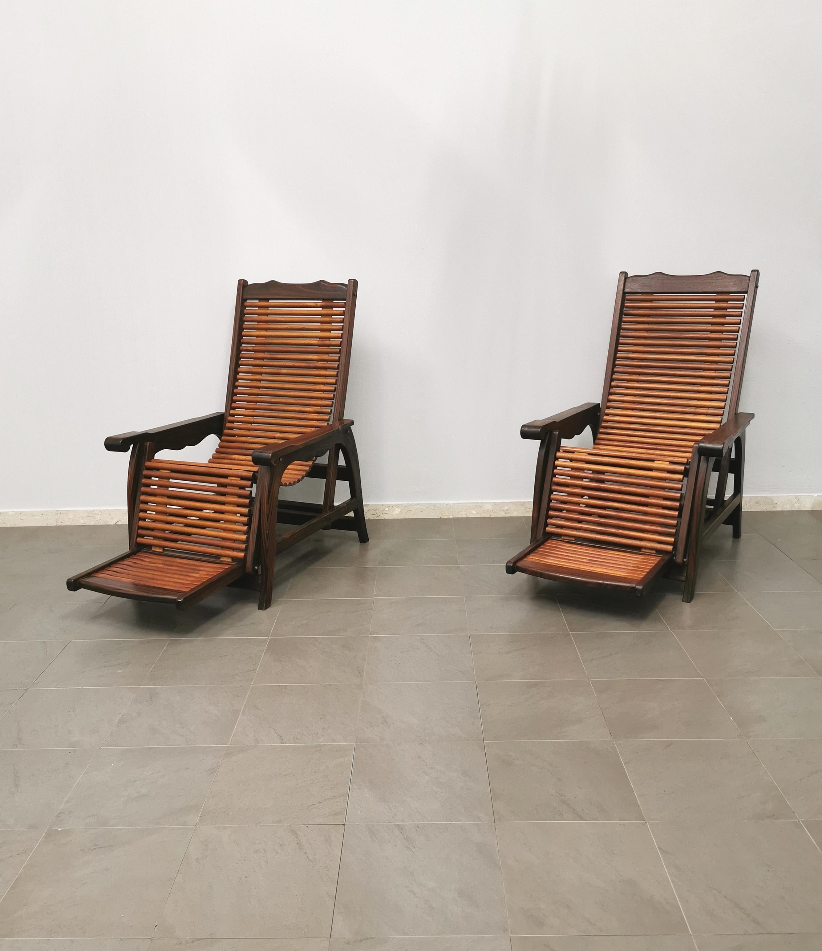 Mid-Century Modern Deck Lounge Chairs Solid Wood Midcentury Italian Design 1960s Set of 2