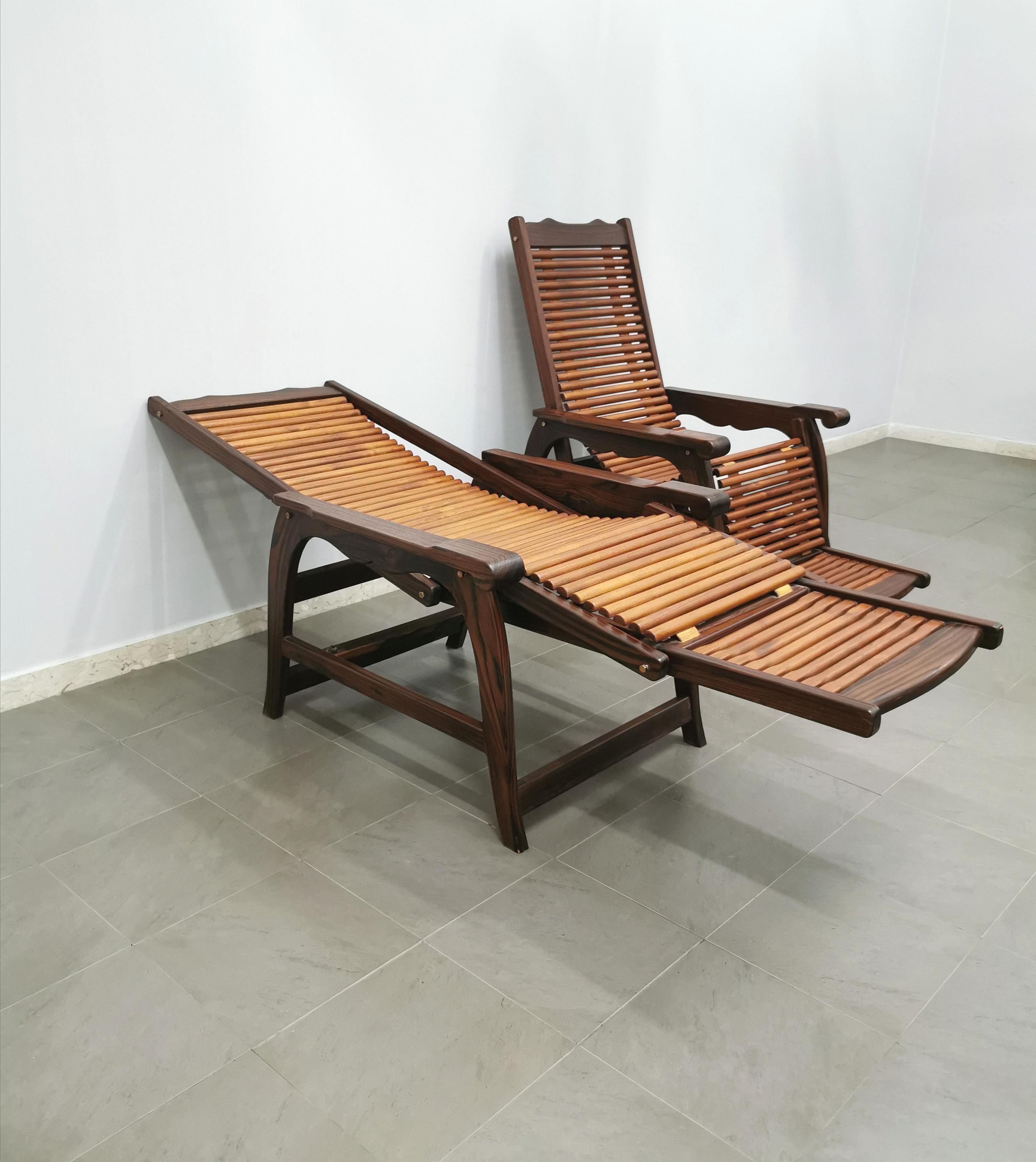 Deck Lounge Chairs Solid Wood Midcentury Italian Design 1960s Set of 2 In Good Condition In Palermo, IT