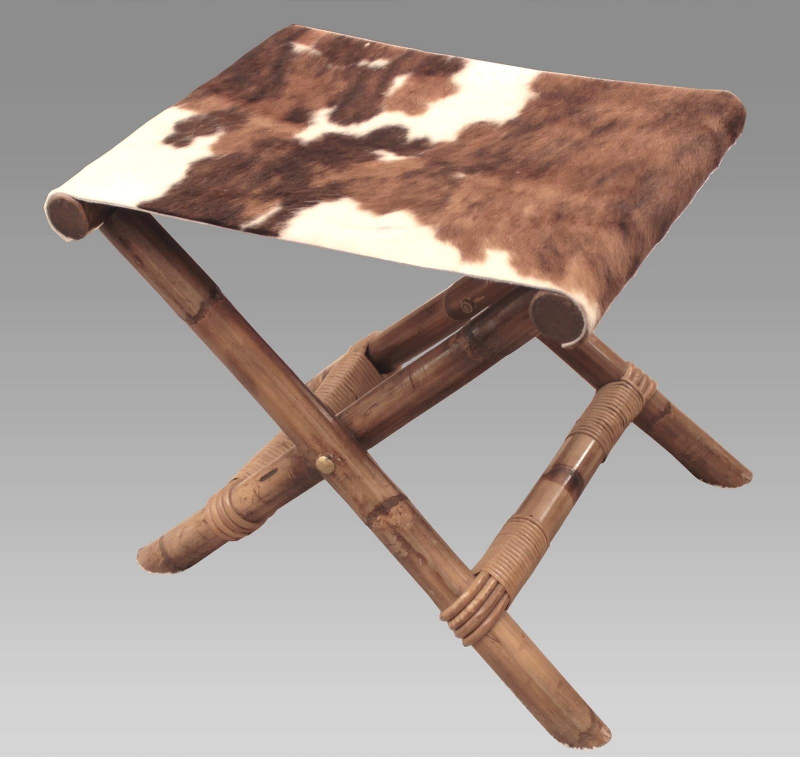 Cowhide Deckchair and Footstool by Audoux Minet, France, circa 1950