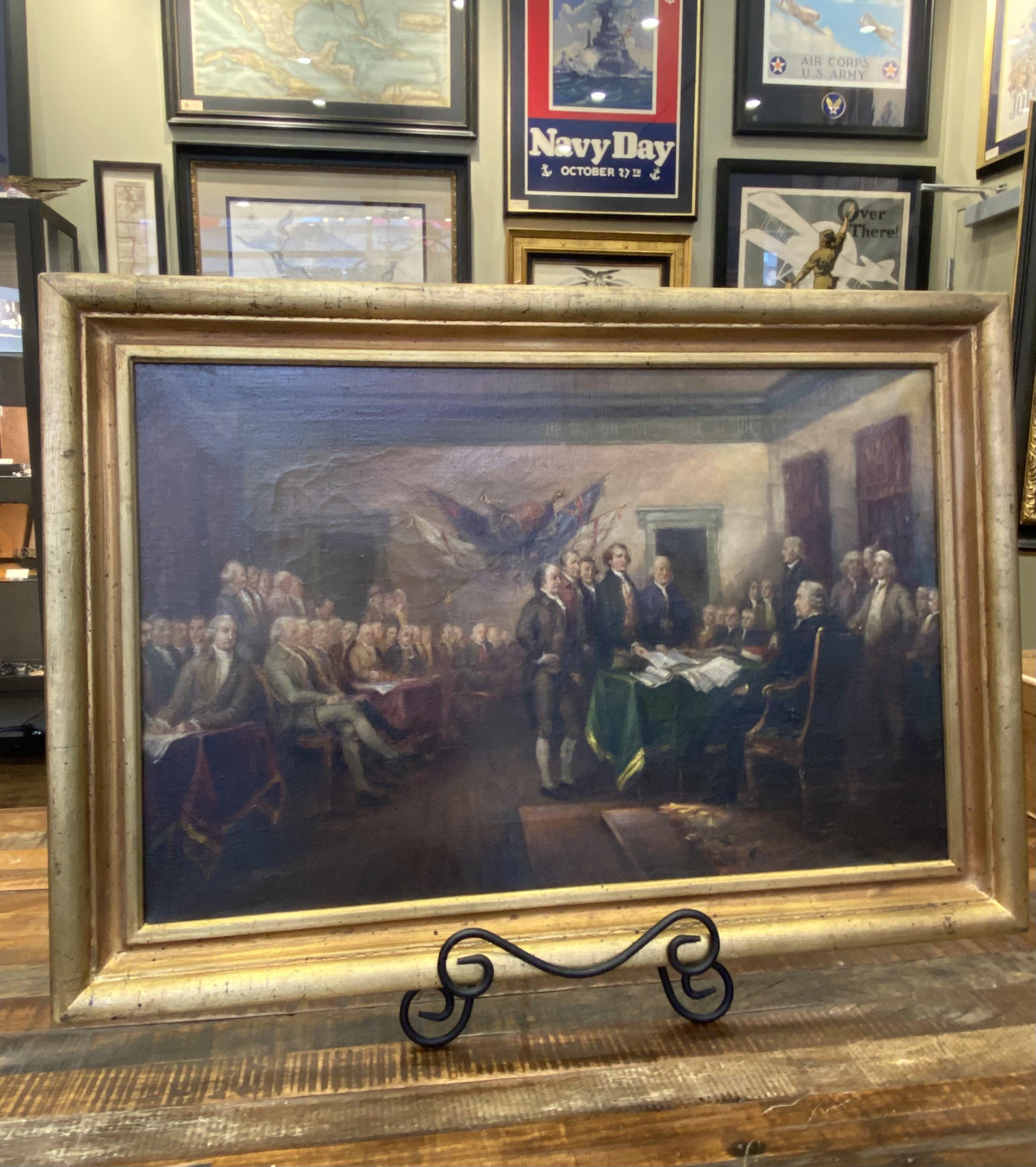 This is a beautiful oil on canvas painting of the signing of the Declaration of Independence by American artist Horace L. Carpenter. Painted in the early 20th century, this historic rendition is based on the epic 1820 oil painting of the same scene