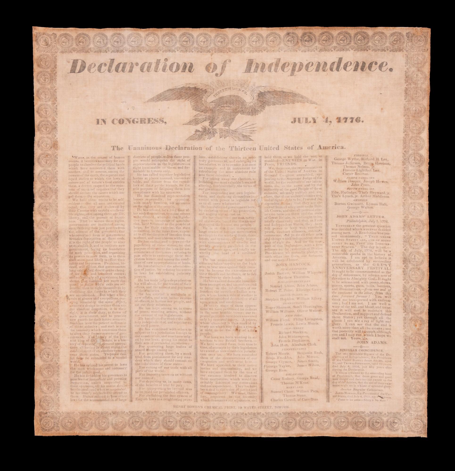Américain Declaration of Independence on Cloth, imprimé à Boston en 1832 en vente