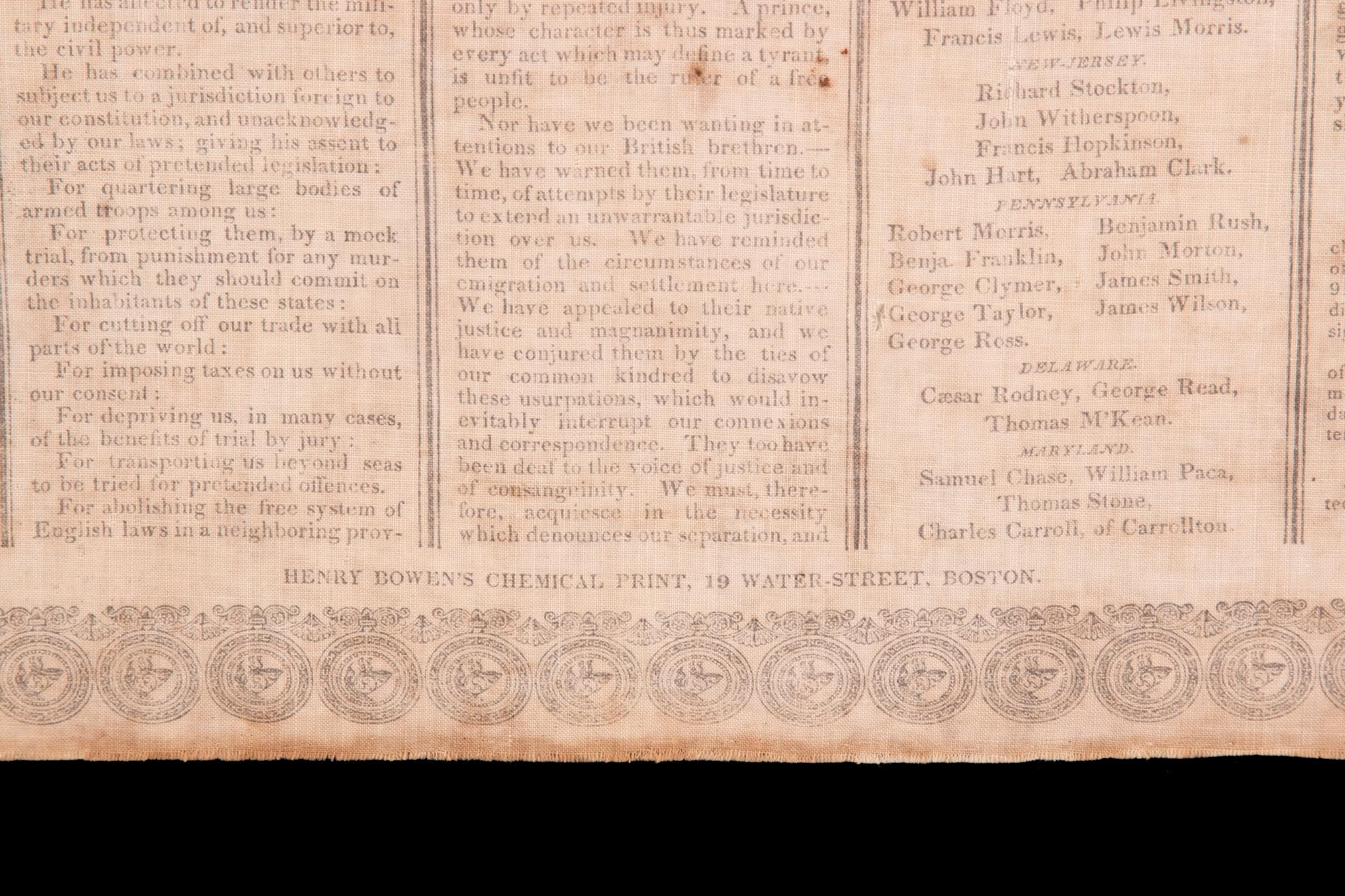 Coton Declaration of Independence on Cloth, imprimé à Boston en 1832 en vente