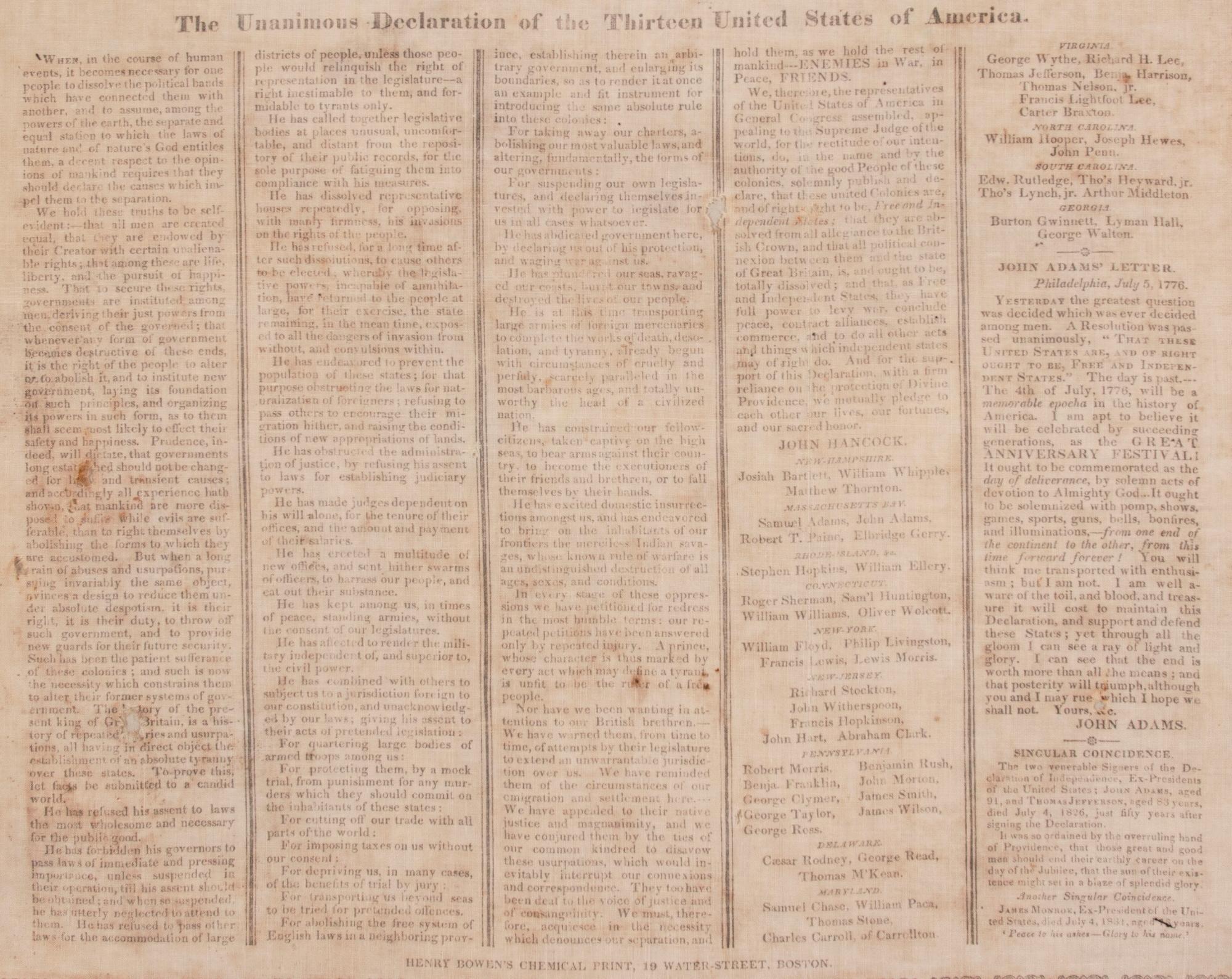 Declaration of Independence on Cloth, imprimé à Boston en 1832 en vente 1